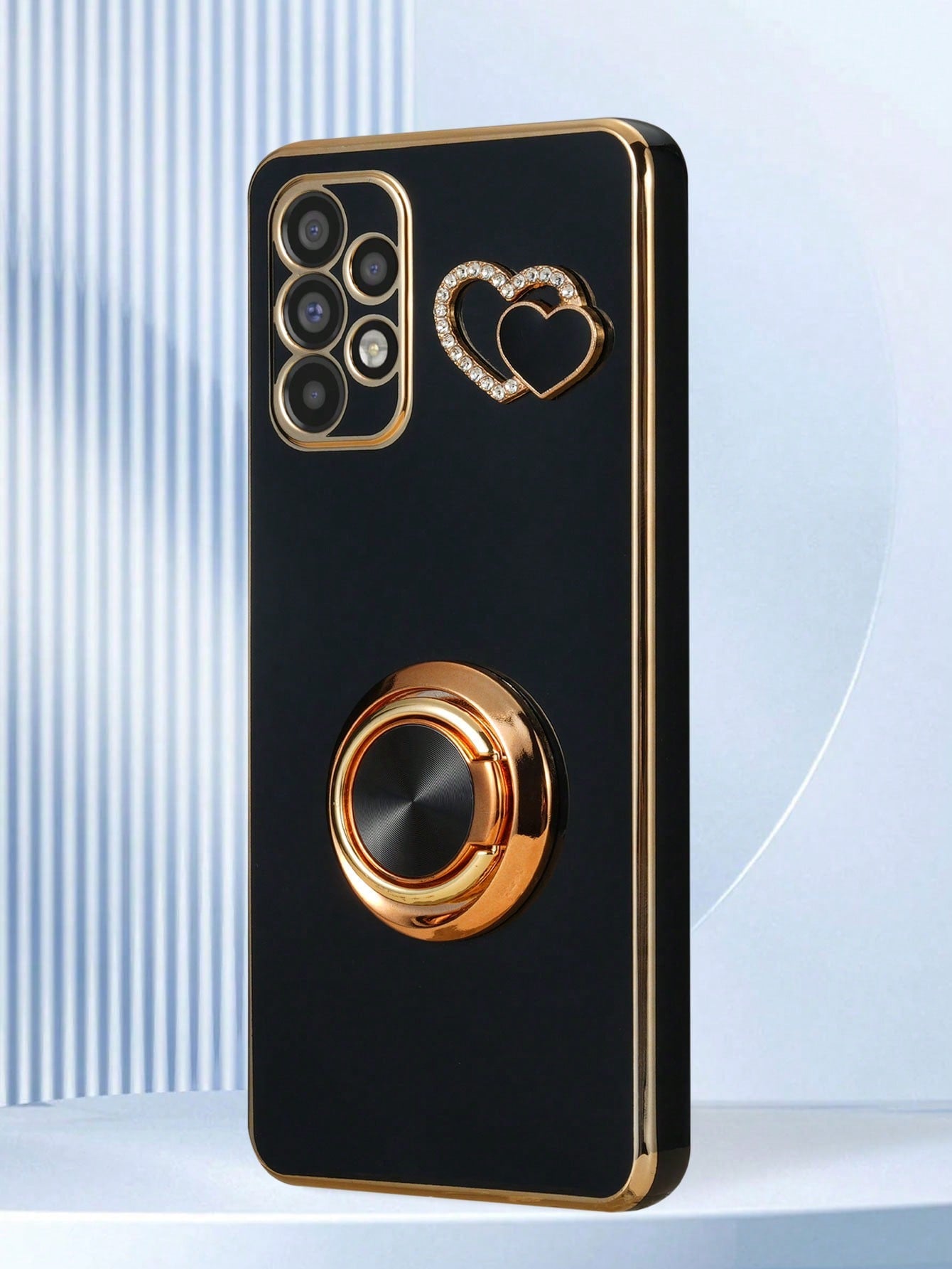 1pc Black Electroplated Shockproof Phone Case, 1pc Black 6D Electroplated Rotating Stand, And 1pc Black Rhinestone Electroplated Heart Compatible With IPhone Case/Matching Phone Case/Phone Case With Lanyard/Wrist Strap Phone Case/Funny Phone Case/Android