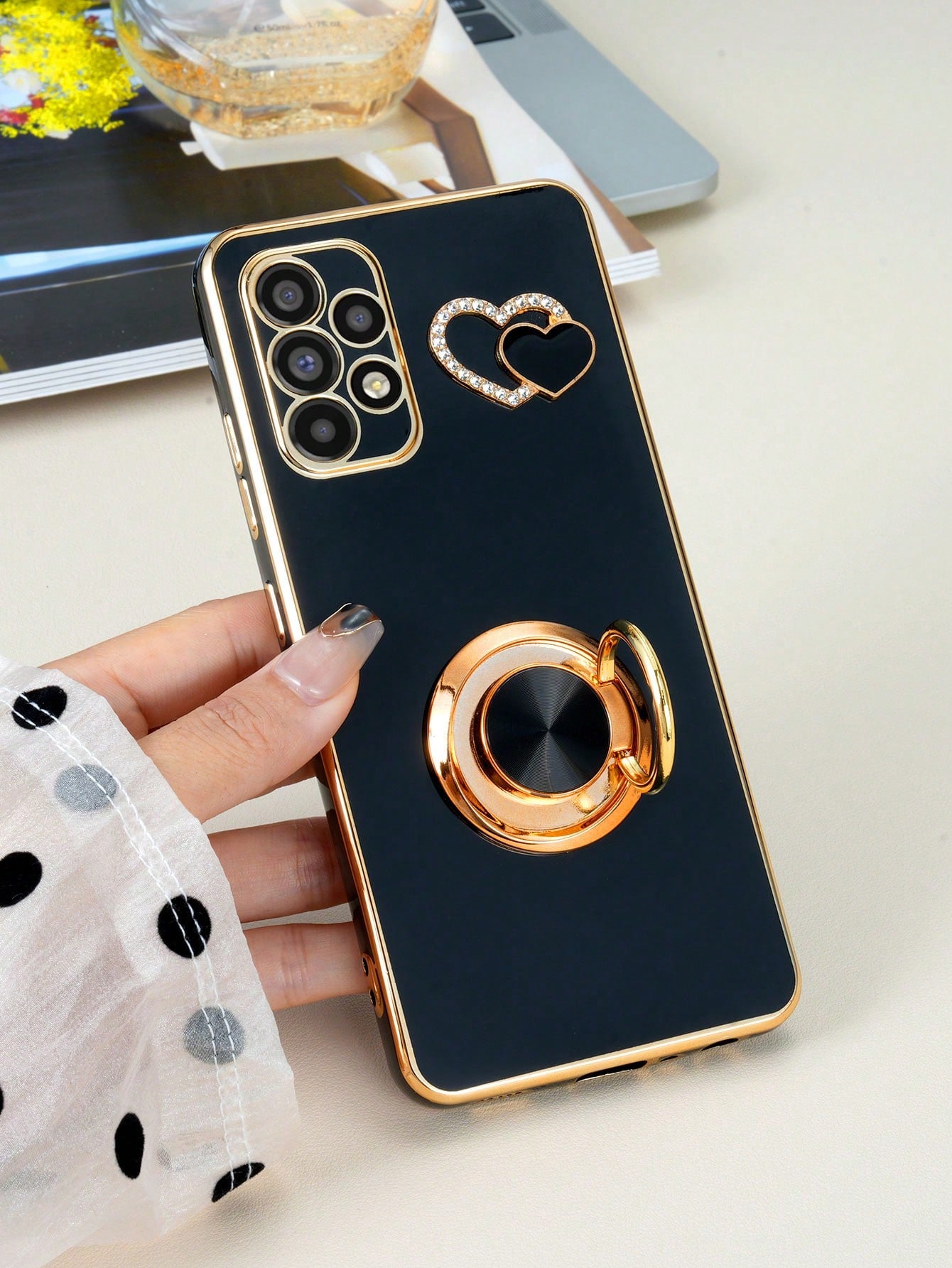 1pc Black Electroplated Shockproof Phone Case, 1pc Black 6D Electroplated Rotating Stand, And 1pc Black Rhinestone Electroplated Heart Compatible With IPhone Case/Matching Phone Case/Phone Case With Lanyard/Wrist Strap Phone Case/Funny Phone Case/Android