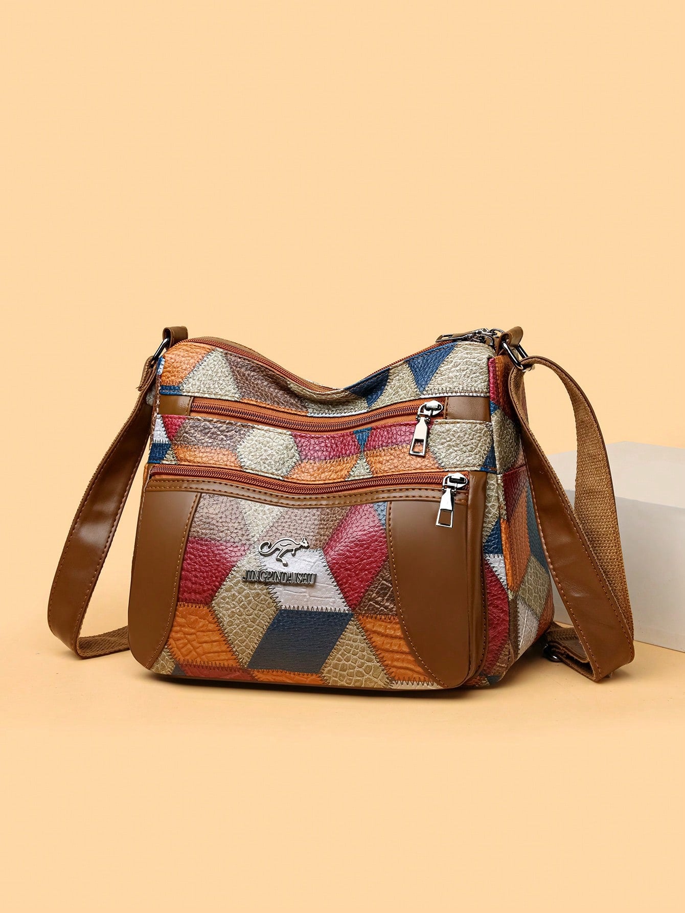 Ladies PU Color Checker Retro Large-Capacity Multi-Pocket Commuter Omni-Adjustable Shoulder Strap Messenger Bag