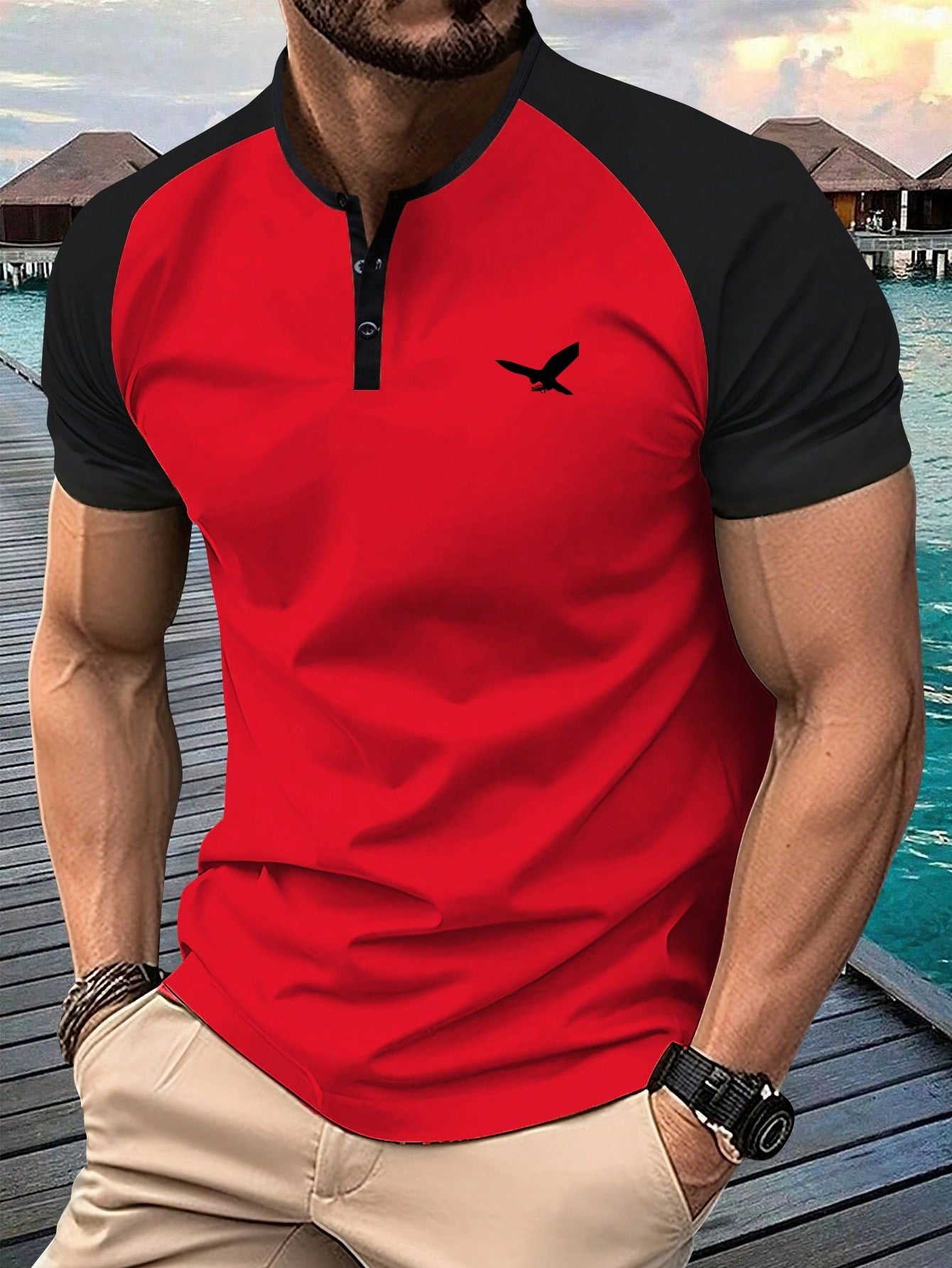 Summer New Casual Men's Short Sleeve T-Shirt With Henley Neckline, American Style Printing For Travel/Holiday/Outdoor Camping, Regular Plus Size Clothing