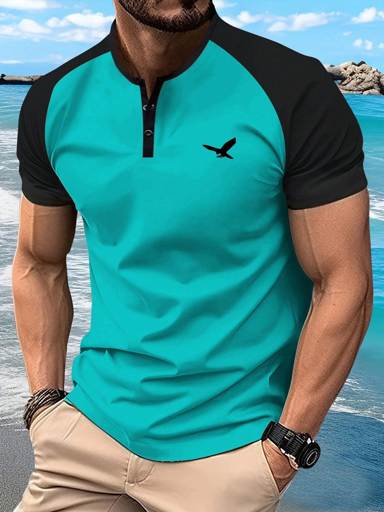 Summer New Casual Men's Short Sleeve T-Shirt With Henley Neckline, American Style Printing For Travel/Holiday/Outdoor Camping, Regular Plus Size Clothing