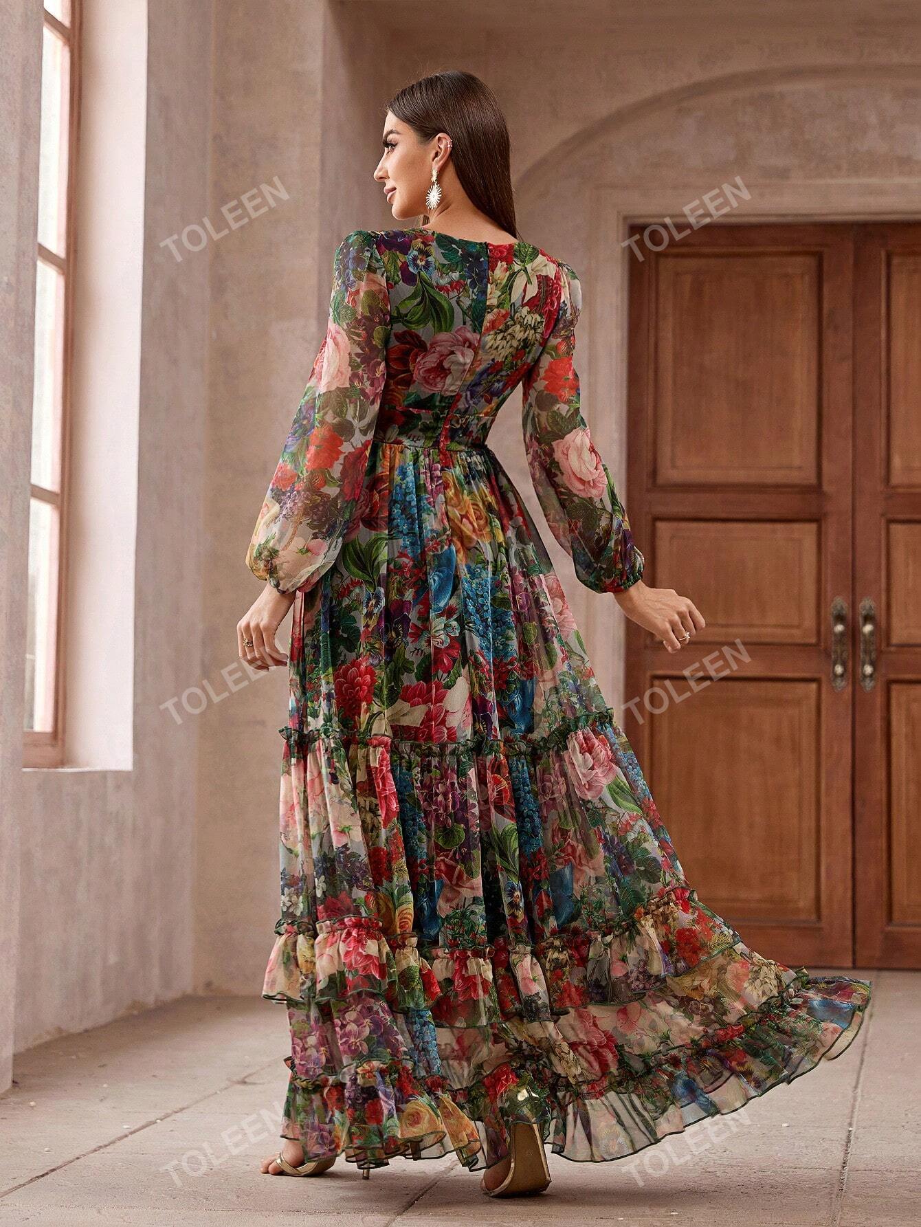 Women's Vintage Floral Long Sleeve Frill Trim Summer Maxi Dress