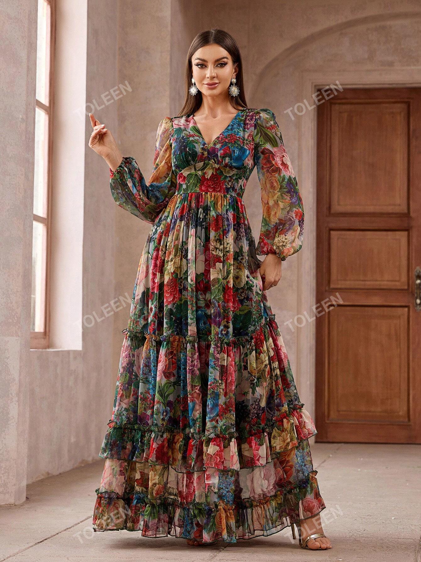 Women's Vintage Floral Long Sleeve Frill Trim Summer Maxi Dress