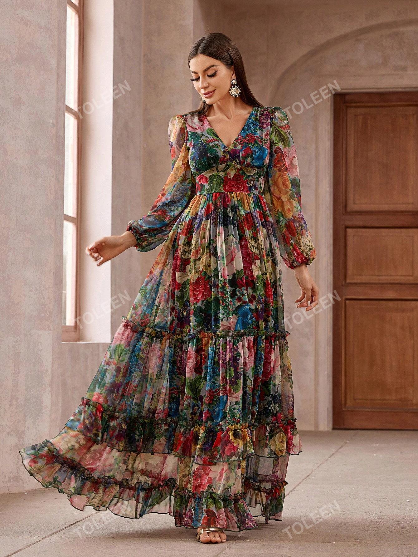 Women's Vintage Floral Long Sleeve Frill Trim Summer Maxi Dress