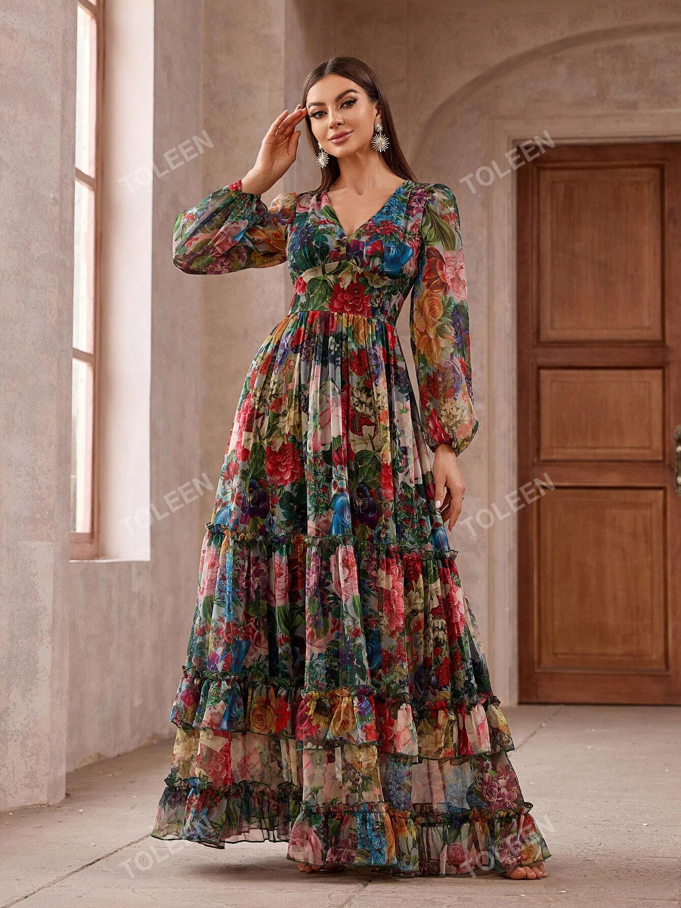 Women's Vintage Floral Long Sleeve Frill Trim Summer Maxi Dress