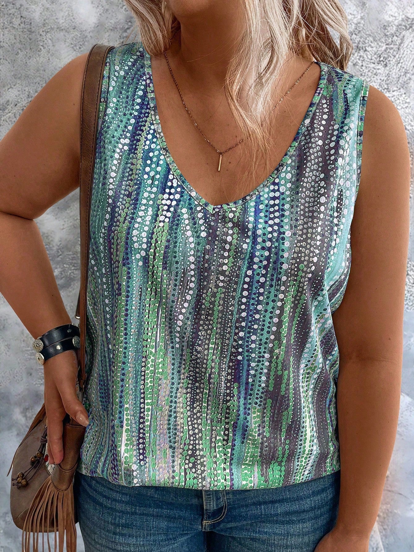 LUNE Plus Size Women's Multicolor Ombre Pearl Striped Printed Casual Tank Top