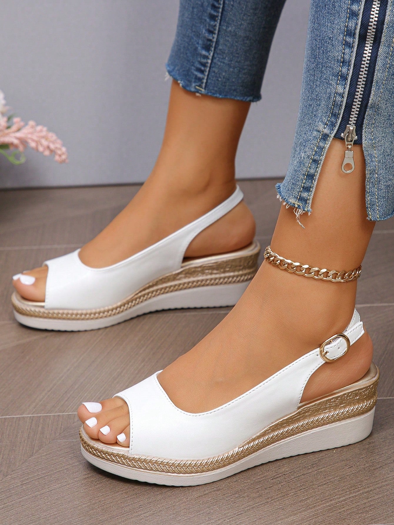 Women's New Summer Thick Platform Wedge Heel Sandals, Gold Color Fashionable Peep Toe Waterproof High Heel Sandals