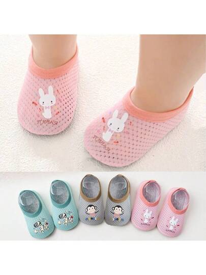 1pair Baby Girls' & Boys' Cartoon Pattern Anti-Slip Soft Sole Indoor Slipper Socks, Spring And Autumn