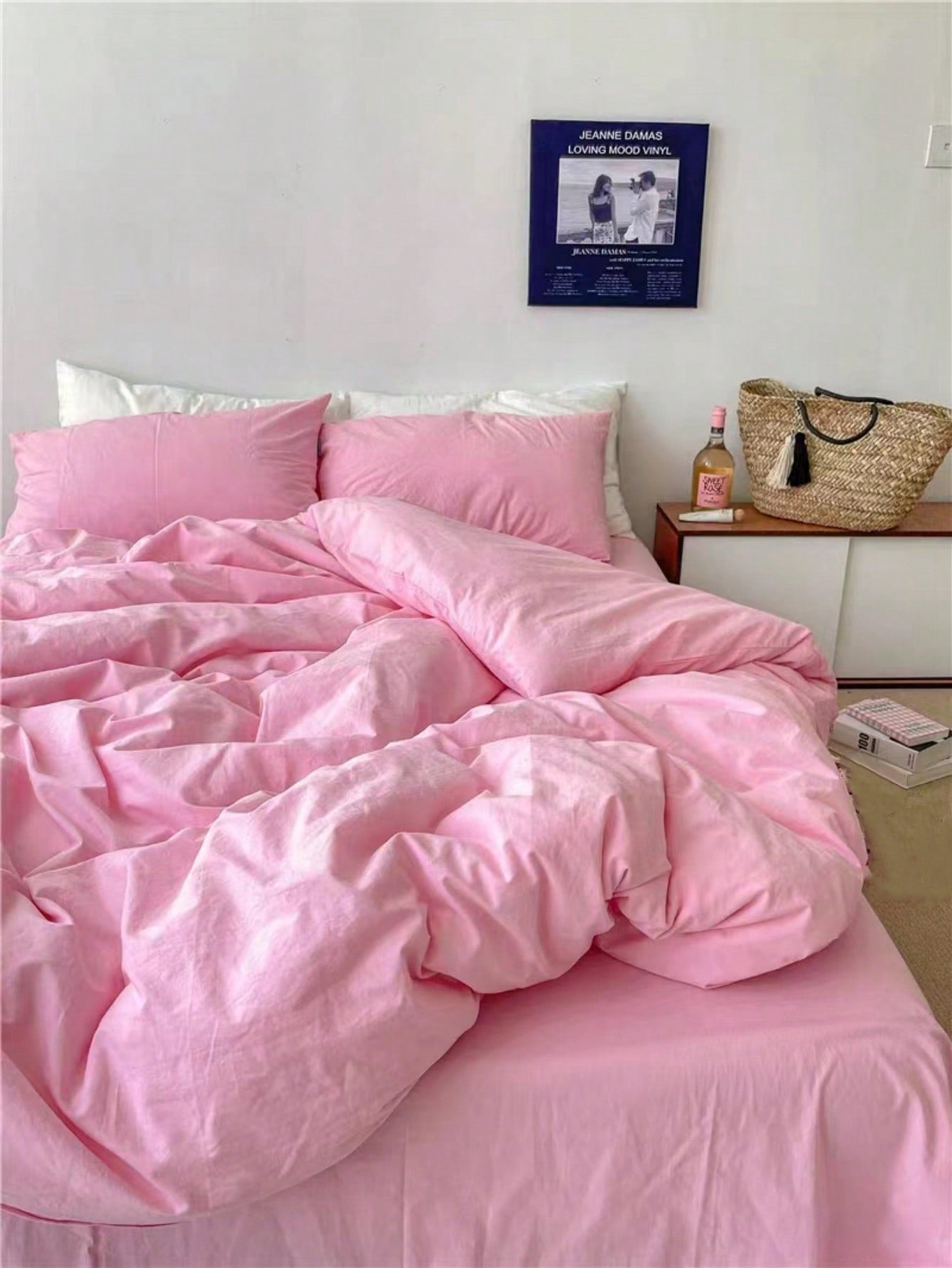 3pcs Minimal Floral Sakura Pink Cotton Bedding Set, 2 Pillow Cases   1 Duvet Cover (No Flat Sheet)