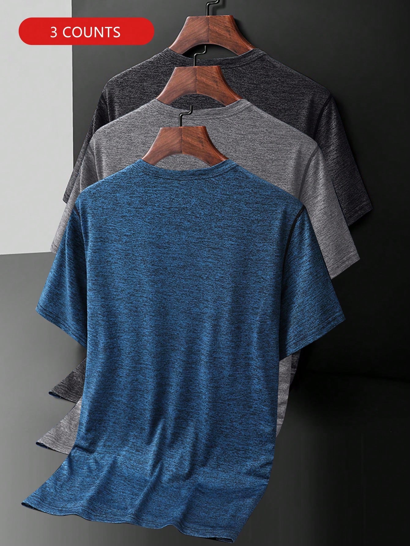 Men's Round Neck Outdoor Casual Sports Short Sleeve T-Shirt Set Of 3 (Dark Grey Grey Slate Blue)