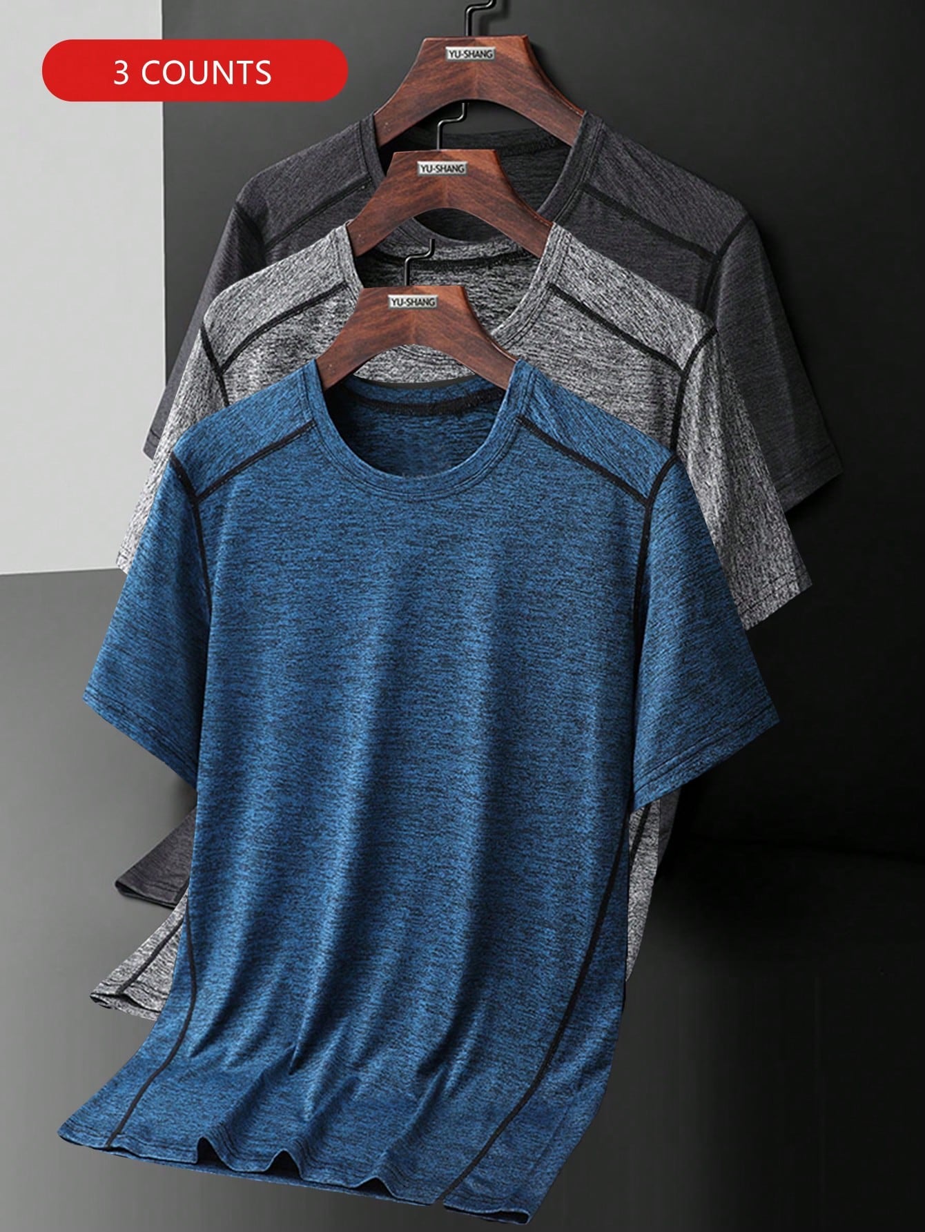 Men's Round Neck Outdoor Casual Sports Short Sleeve T-Shirt Set Of 3 (Dark Grey Grey Slate Blue)