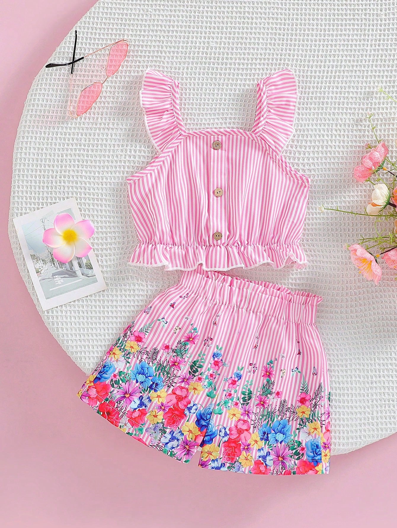 Young Girl Elegant & Floral Patterned Button Design Tank Top & Elastic Shorts Set, Suitable For Vacation And Travel, Spring/Summer