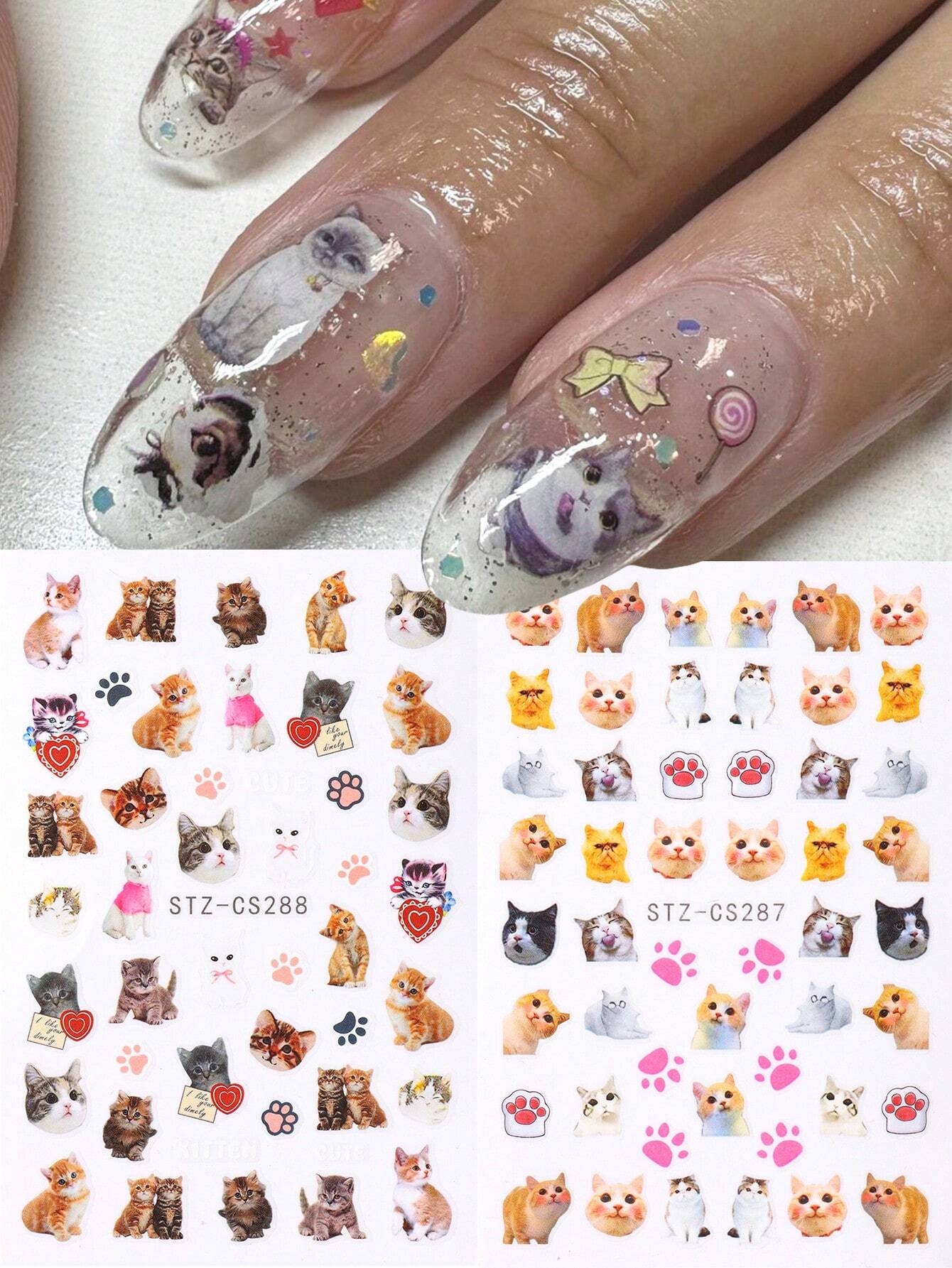 FULL BEAUTY 2pcs Cute Black Cat Nail Stickers 3D Cartoon Animal Self-Adhesive Nail Art Decals Sliders Decorations Manicure Accessories DIY