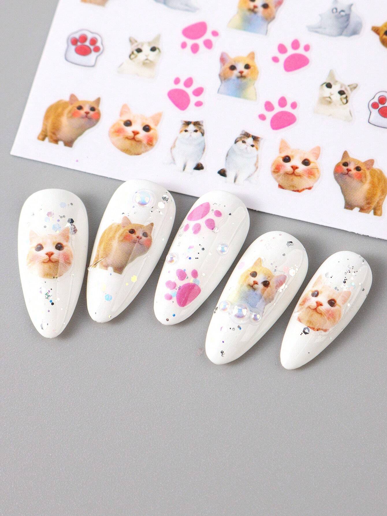 FULL BEAUTY 2pcs Cute Black Cat Nail Stickers 3D Cartoon Animal Self-Adhesive Nail Art Decals Sliders Decorations Manicure Accessories DIY