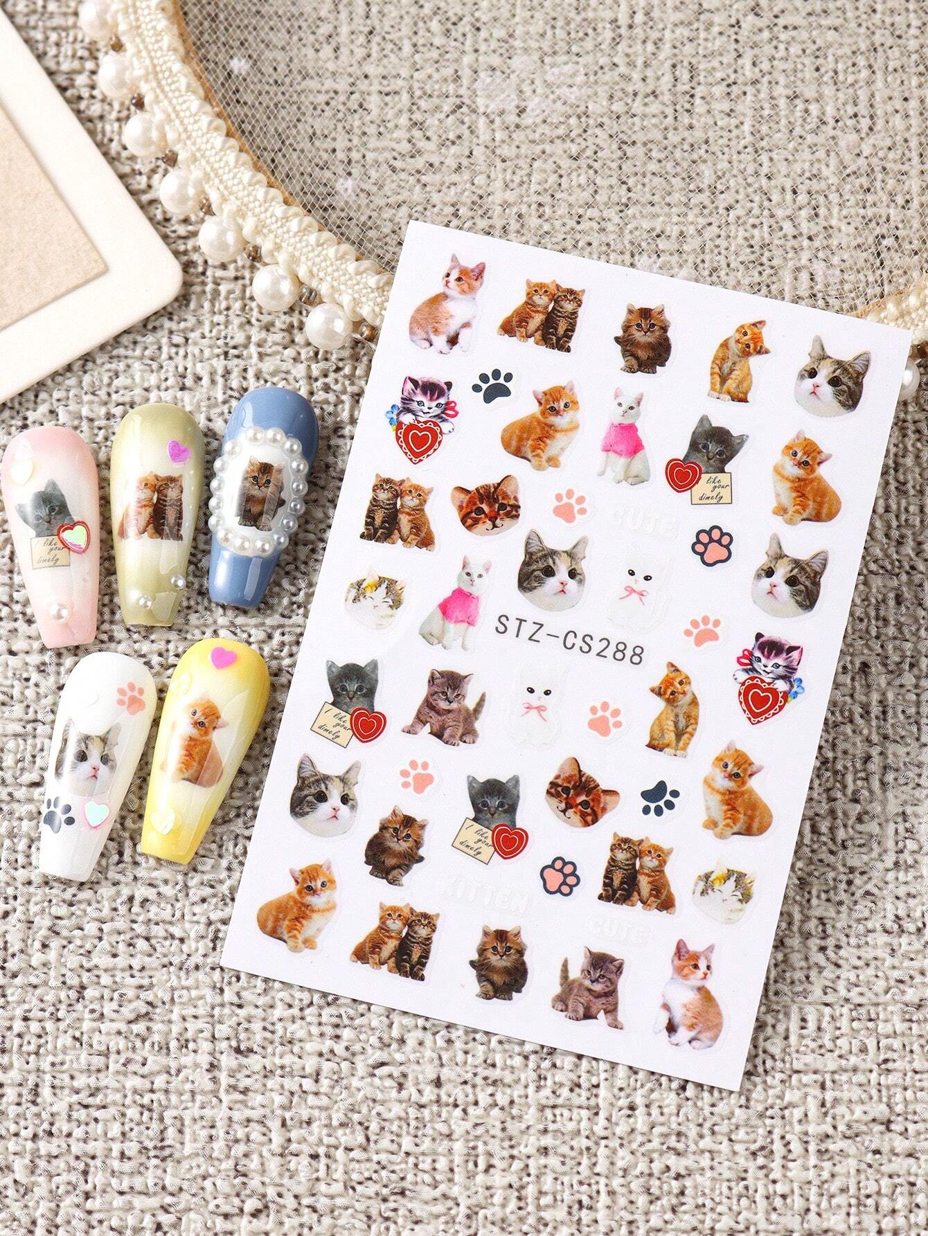 FULL BEAUTY 2pcs Cute Black Cat Nail Stickers 3D Cartoon Animal Self-Adhesive Nail Art Decals Sliders Decorations Manicure Accessories DIY