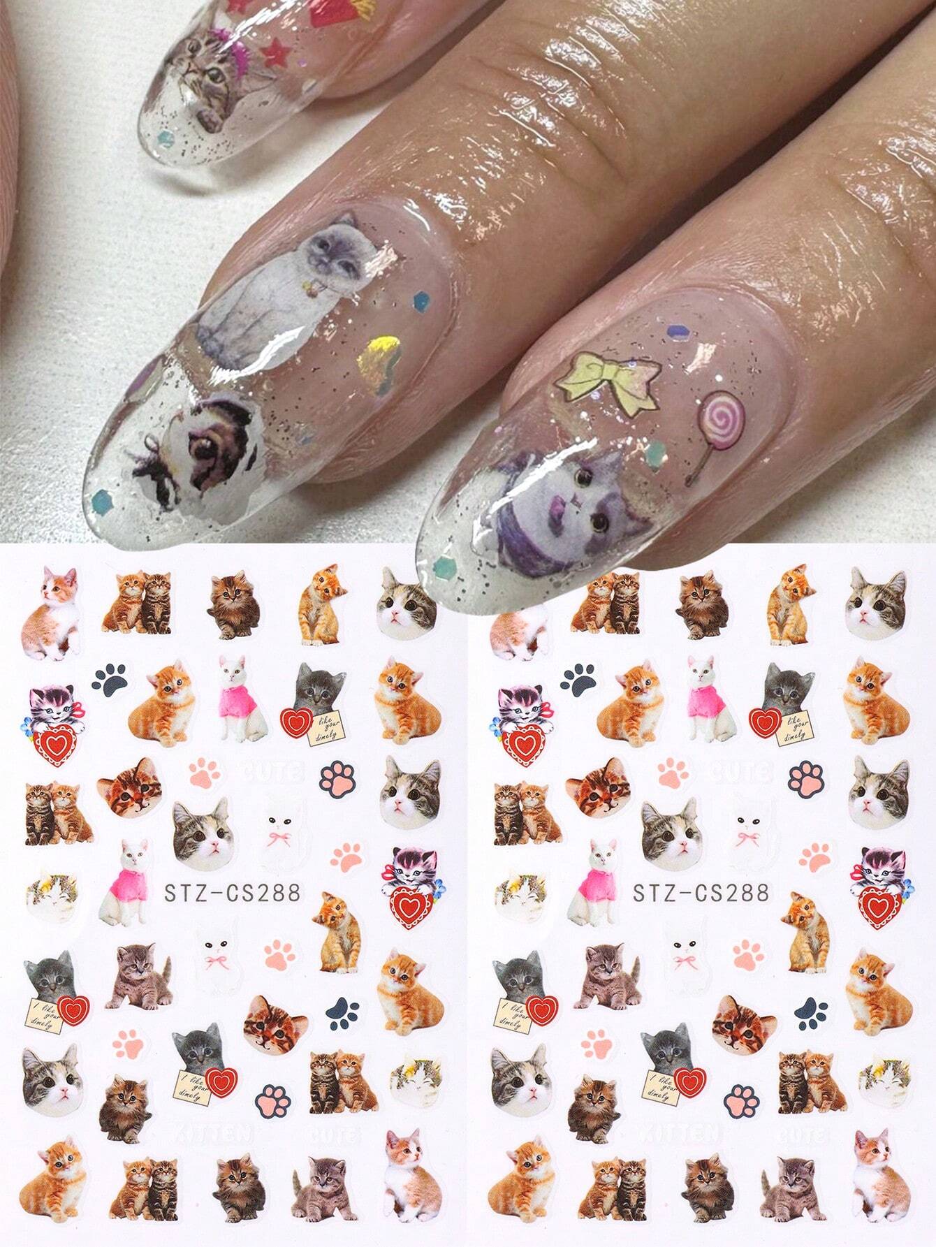 FULL BEAUTY 2pcs Cute Black Cat Nail Stickers 3D Cartoon Animal Self-Adhesive Nail Art Decals Sliders Decorations Manicure Accessories DIY