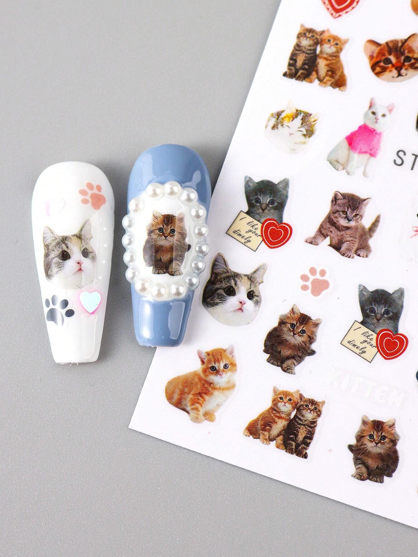 FULL BEAUTY 2pcs Cute Black Cat Nail Stickers 3D Cartoon Animal Self-Adhesive Nail Art Decals Sliders Decorations Manicure Accessories DIY