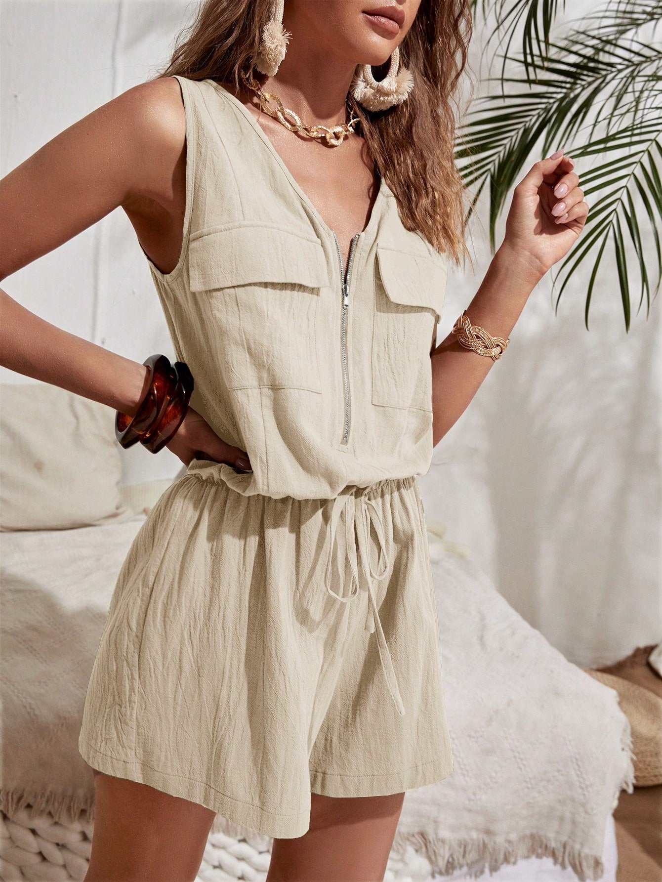 LUNE Flap Pocket Zip Front Knot Waist Romper