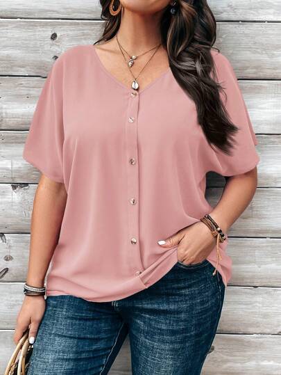 EMERY ROSE Plus Size Women's Orange Button Embellished Short Sleeve Blouse For Spring