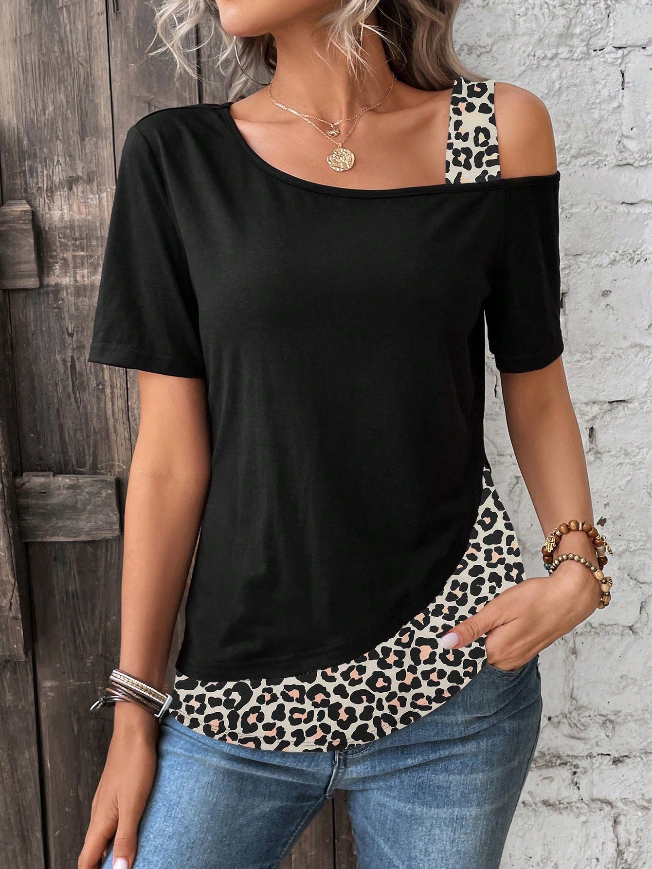 LUNE Leopard Print Spliced Asymmetrical Neckline T-Shirt