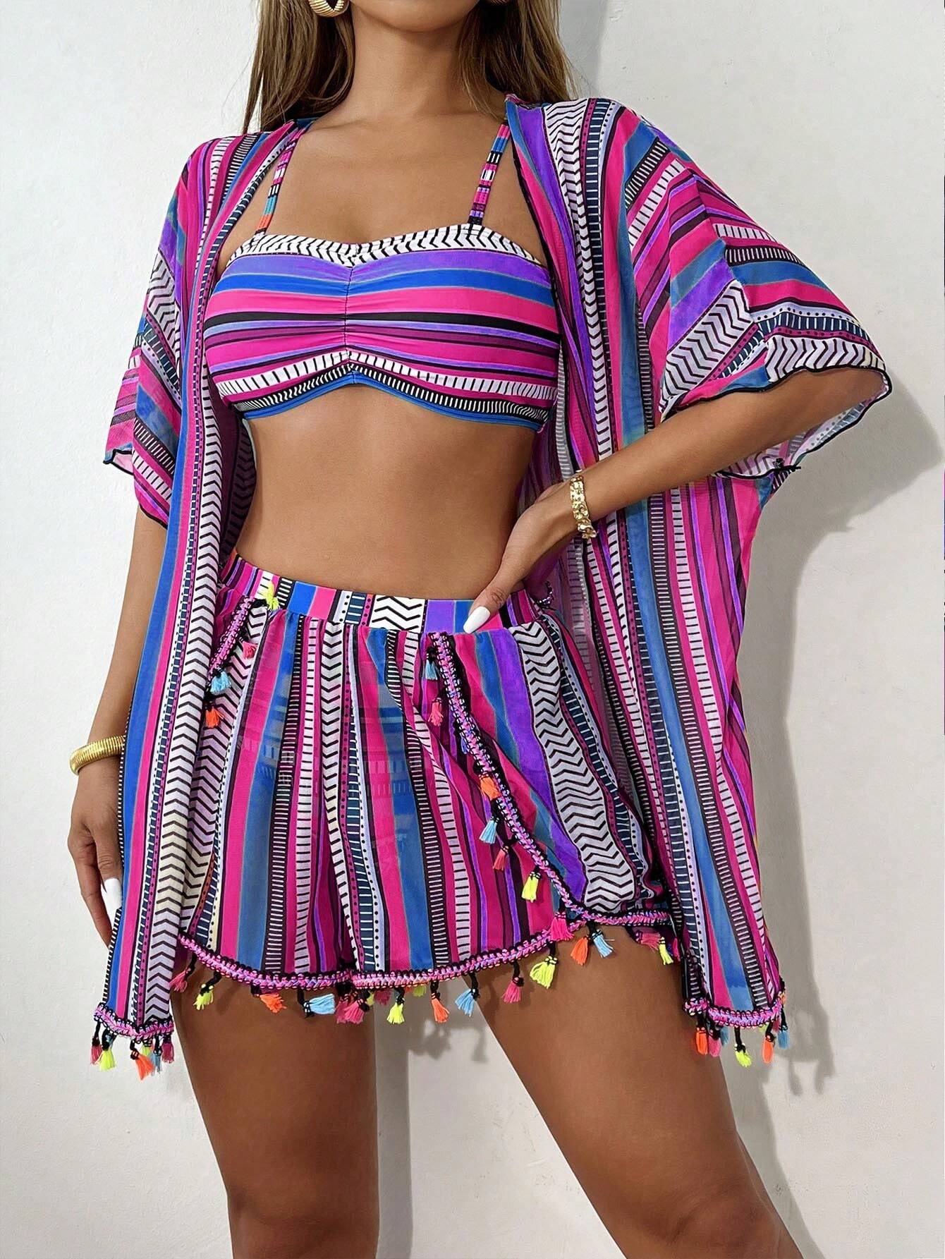 4pcs Fashionable Geometric Printed Ruffle Bikini Set Top And Bottom, Multi-Colored Fringe Cover Up And Fringe Shorts Bikini Set, Carnival Summer Beach