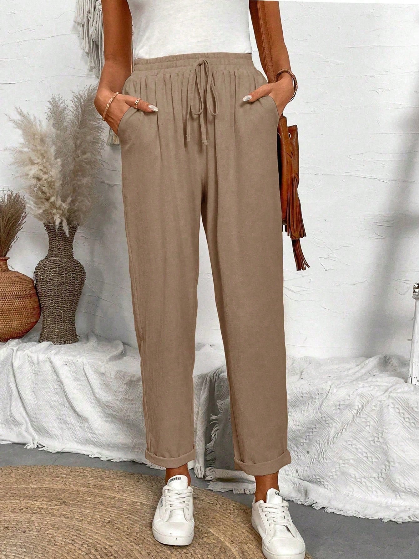 LUNE Solid Color Elastic Waistband Tapered Pants With Diagonal Pockets And Tie Belt For Casual And Versatile Look,Ladies Spring/Fall Casual Drawstring,Pocket Natural Jogger Cropped Khaki Regular Fit Women Pants,Casual Daily Wear