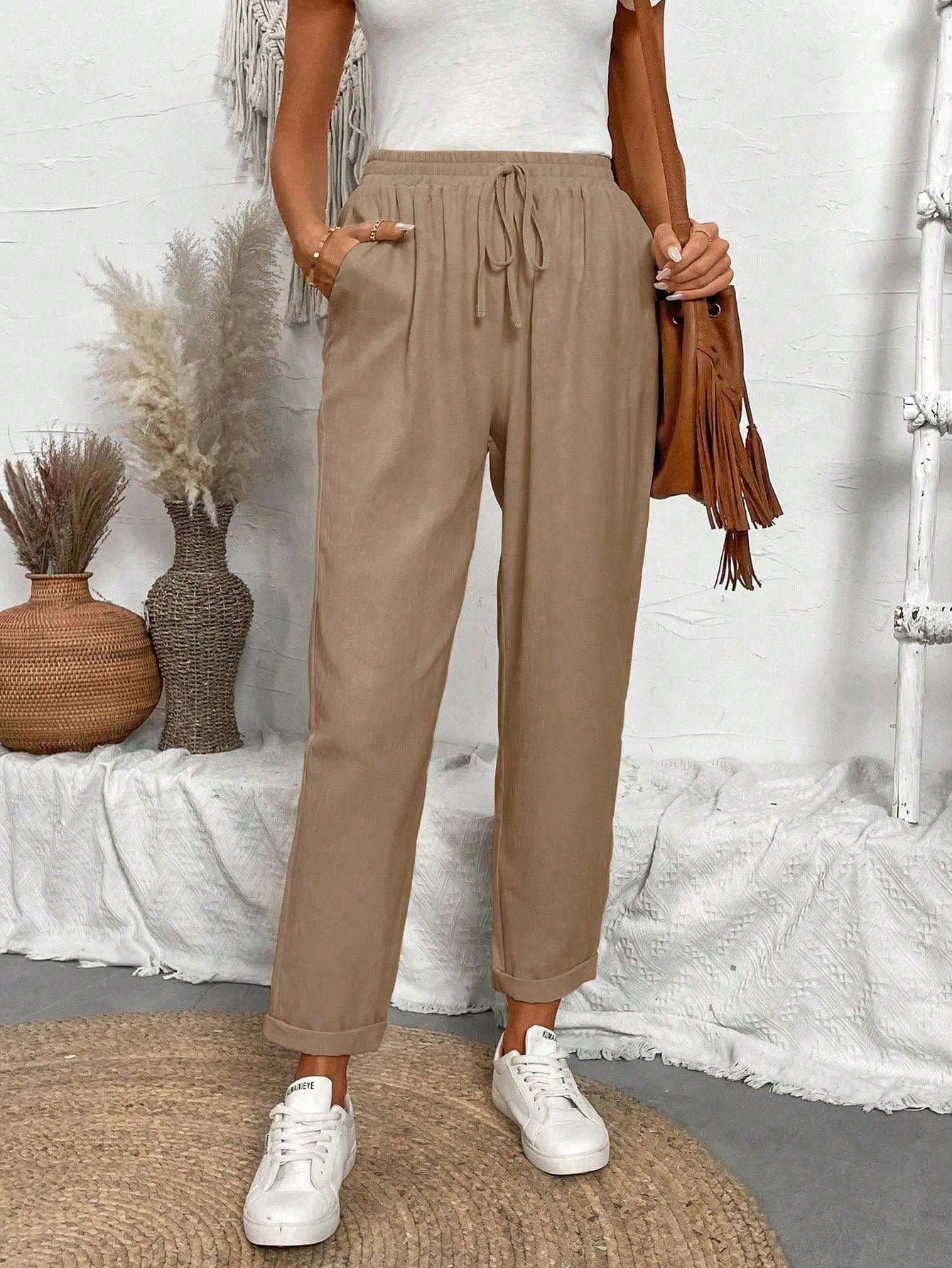 LUNE Solid Color Elastic Waistband Tapered Pants With Diagonal Pockets And Tie Belt For Casual And Versatile Look,Ladies Spring/Fall Casual Drawstring,Pocket Natural Jogger Cropped Khaki Regular Fit Women Pants,Casual Daily Wear