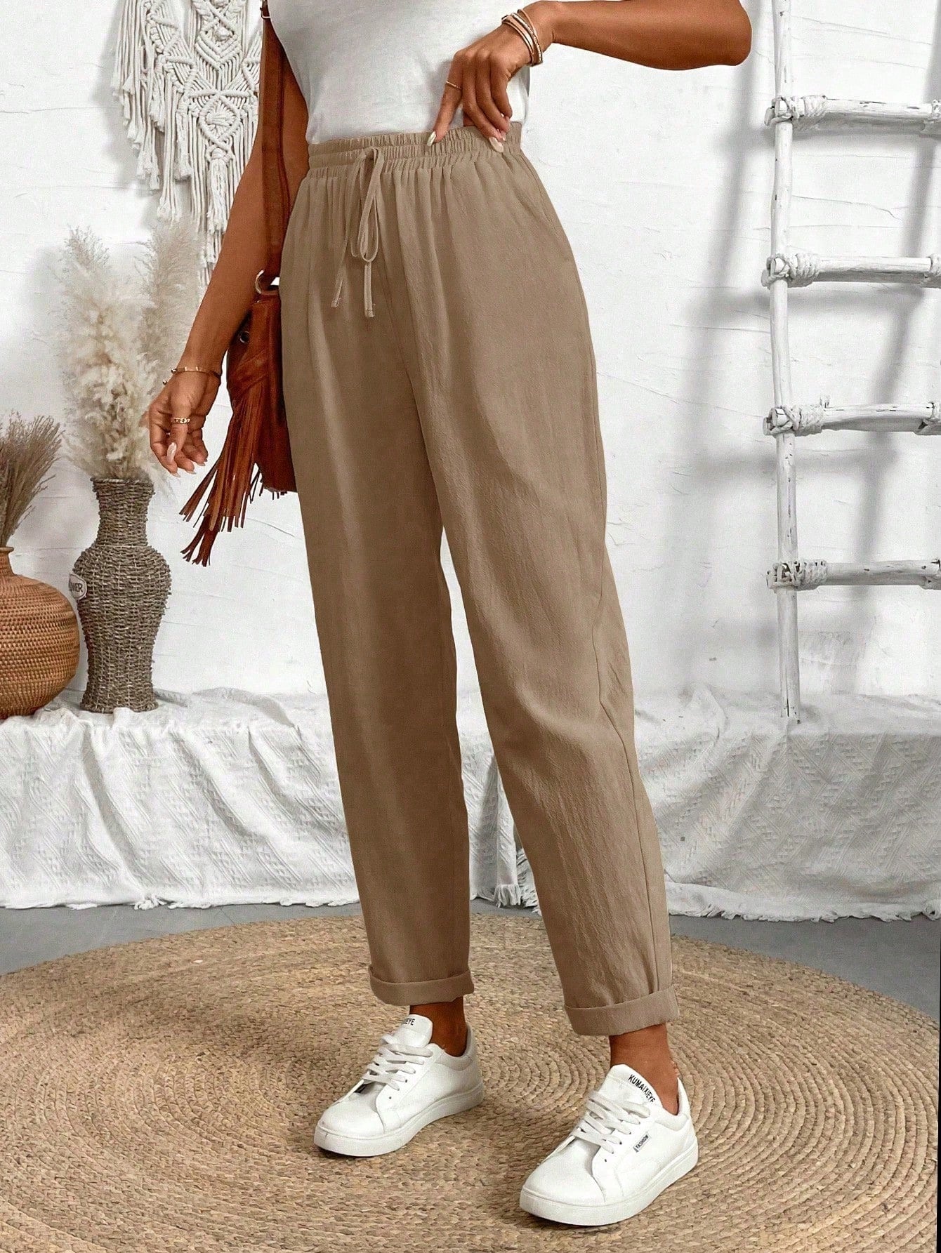 LUNE Solid Color Elastic Waistband Tapered Pants With Diagonal Pockets And Tie Belt For Casual And Versatile Look,Ladies Spring/Fall Casual Drawstring,Pocket Natural Jogger Cropped Khaki Regular Fit Women Pants,Casual Daily Wear