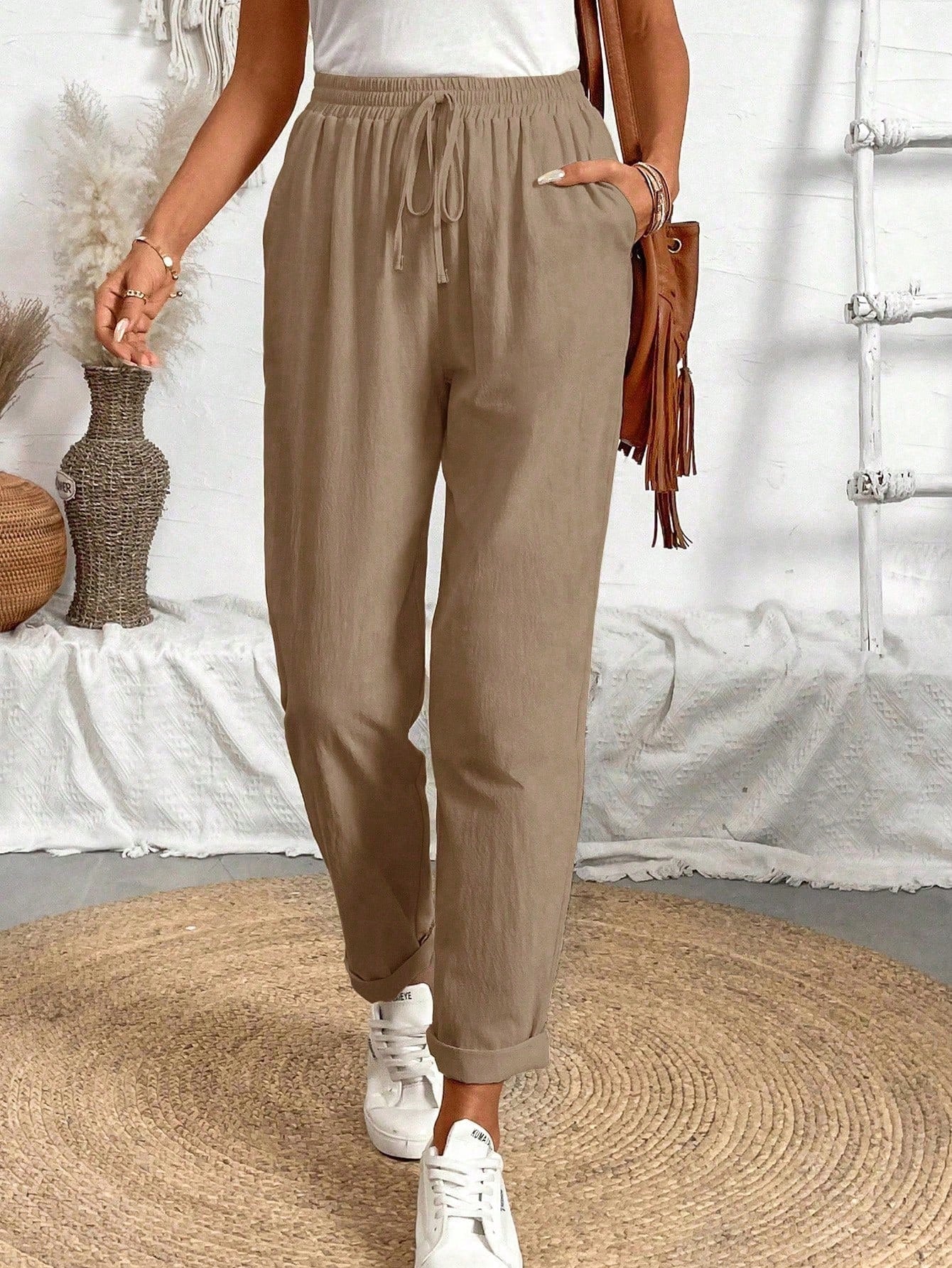 LUNE Solid Color Elastic Waistband Tapered Pants With Diagonal Pockets And Tie Belt For Casual And Versatile Look,Ladies Spring/Fall Casual Drawstring,Pocket Natural Jogger Cropped Khaki Regular Fit Women Pants,Casual Daily Wear