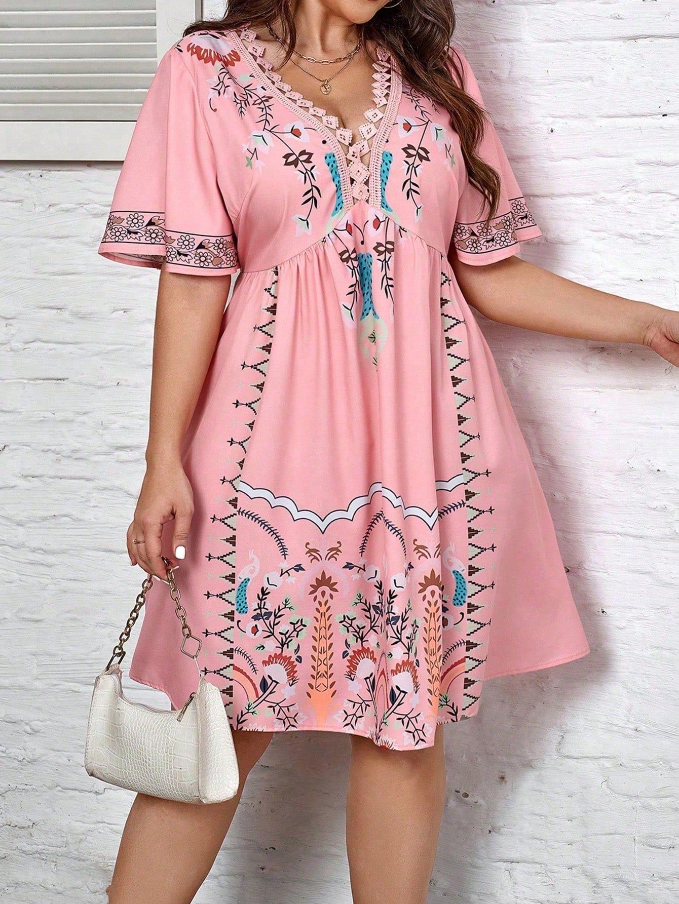 Plus Size V-Neck Printed Ruffle Sleeve Summer Dress For Vacation