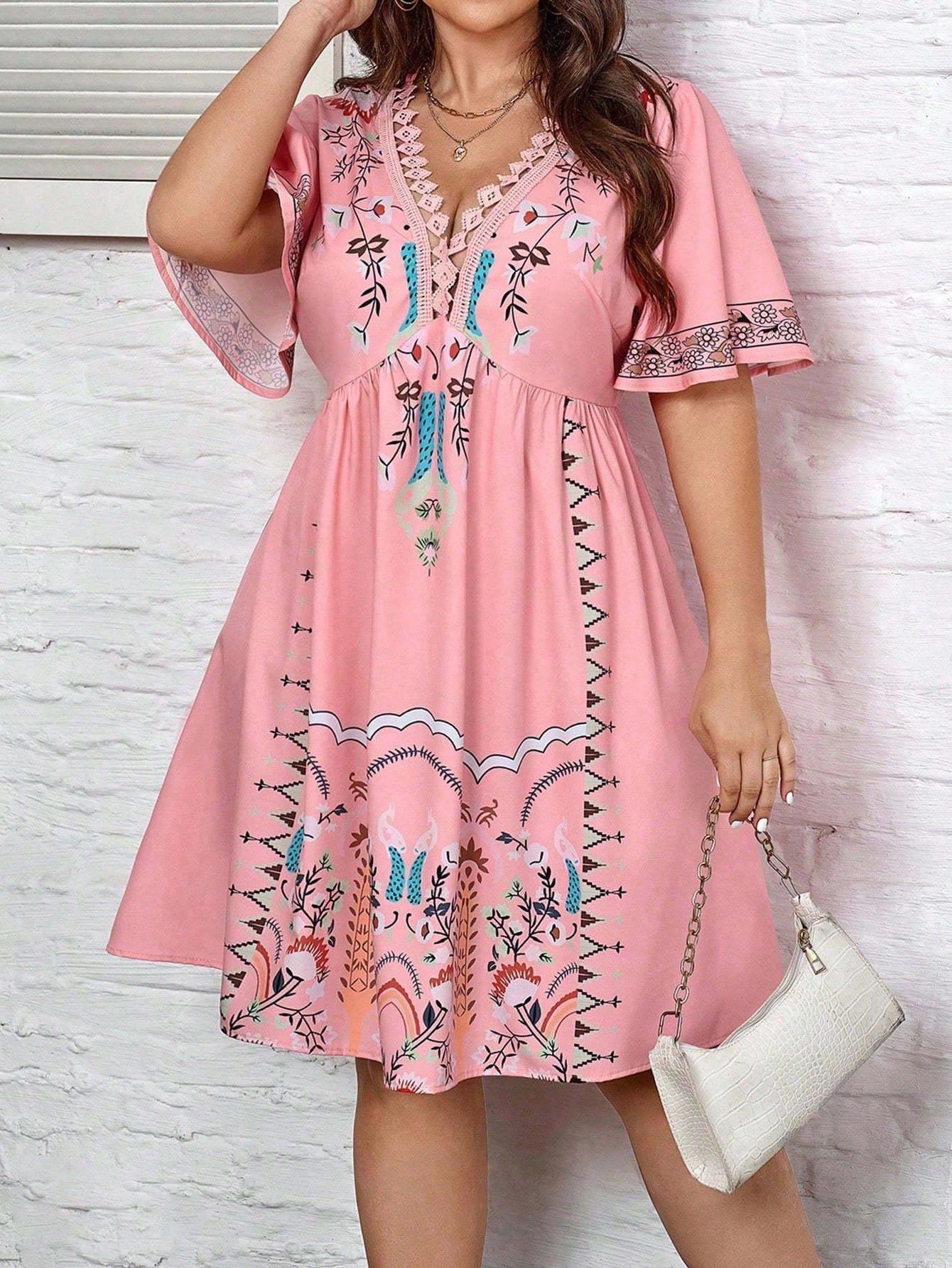 Plus Size V-Neck Printed Ruffle Sleeve Summer Dress For Vacation