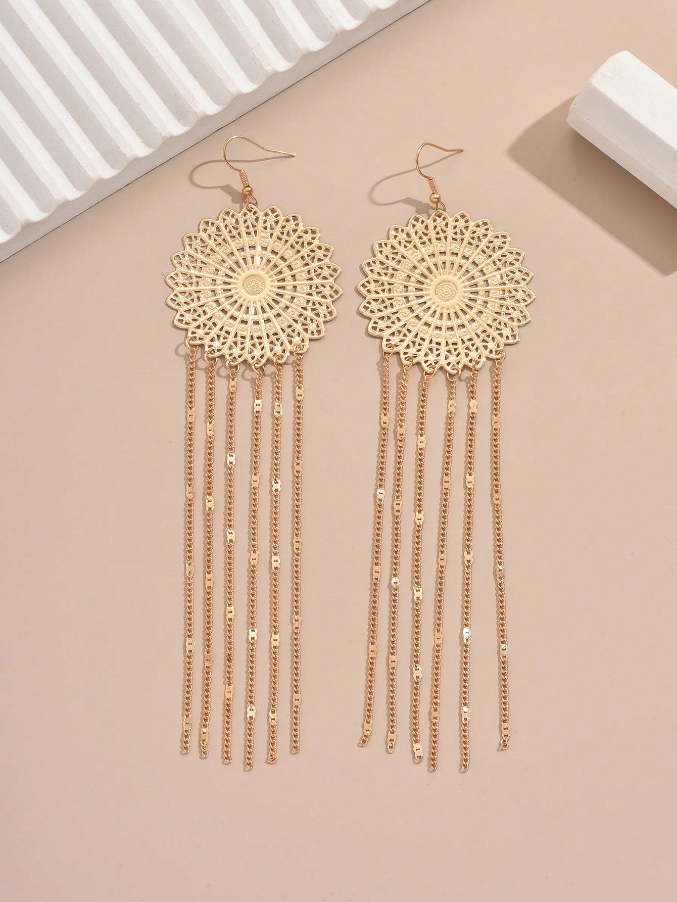 1pair New Fashion Hollowed-Out Flower Chain & Tassel Earrings For Daily & Party Wear