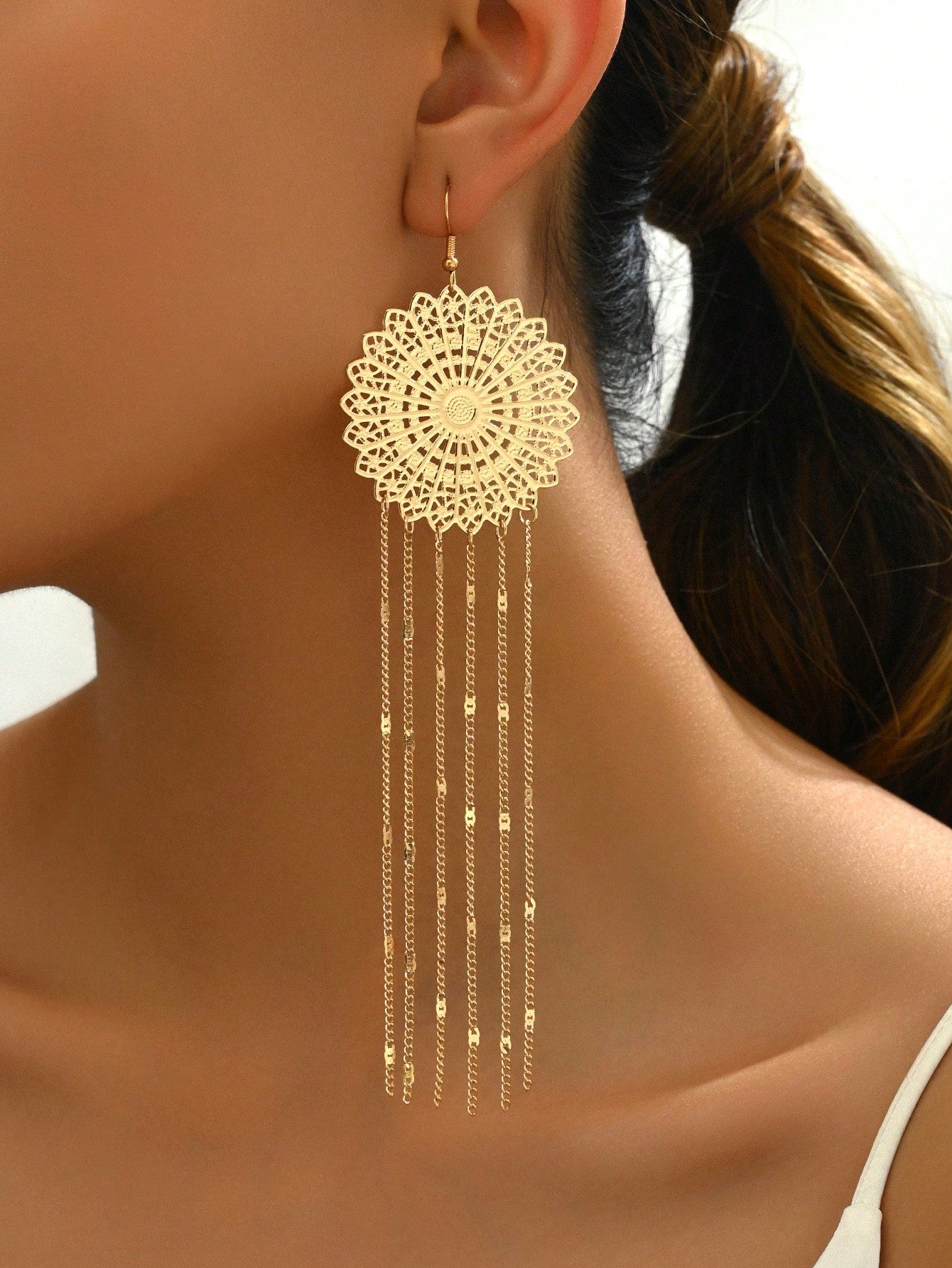 1pair New Fashion Hollowed-Out Flower Chain & Tassel Earrings For Daily & Party Wear