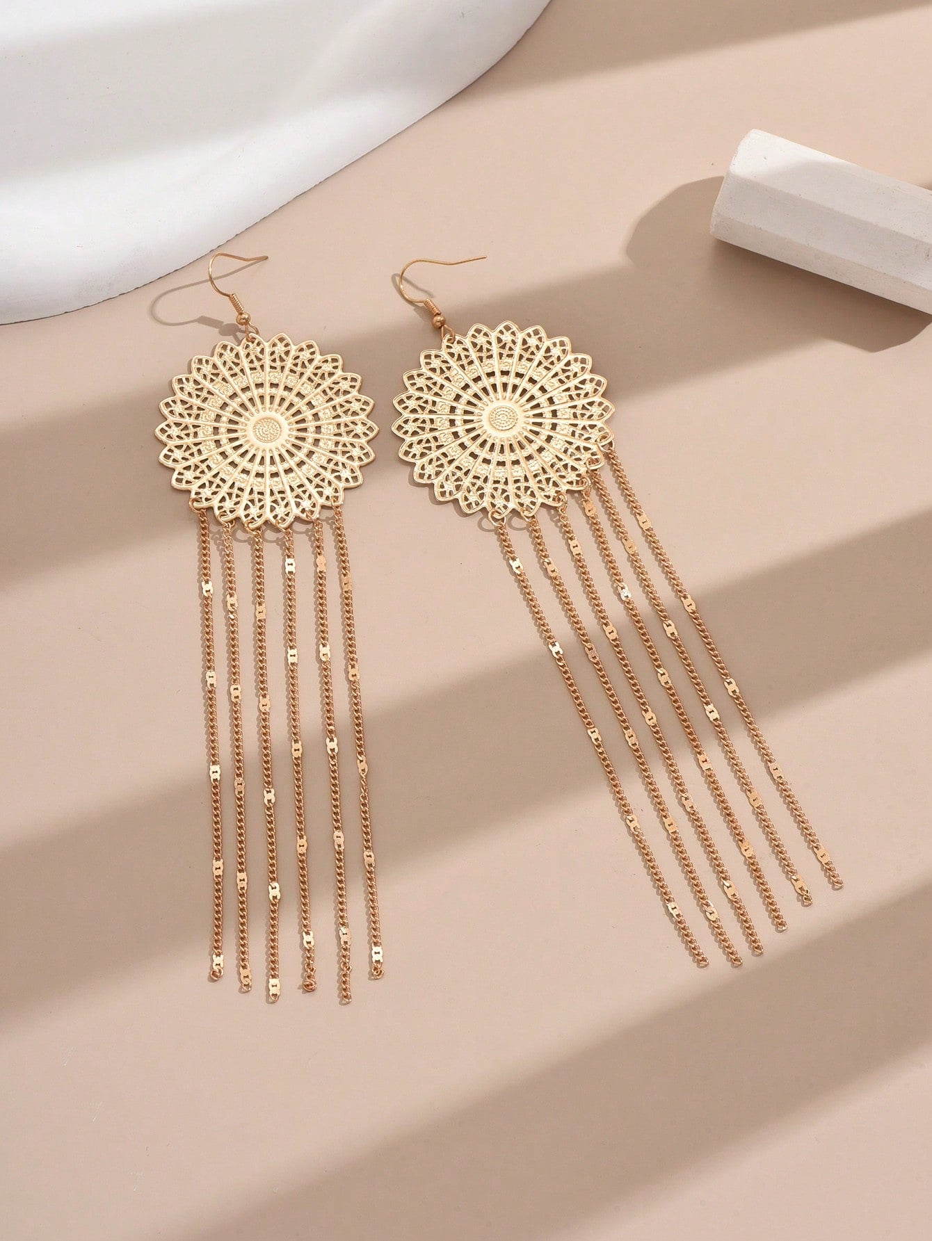 1pair New Fashion Hollowed-Out Flower Chain & Tassel Earrings For Daily & Party Wear