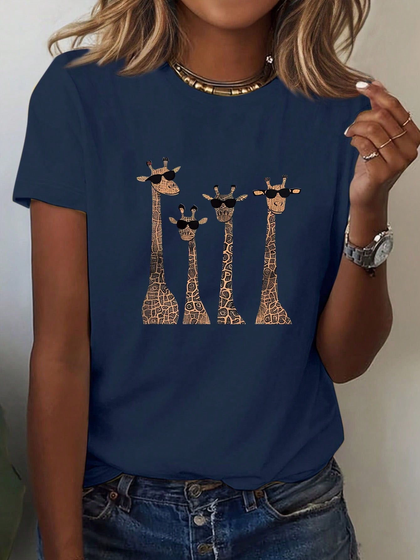 LUNE 4pcs Giraffe Pattern Short Sleeve T-Shirt With Eye Decoration, Casual