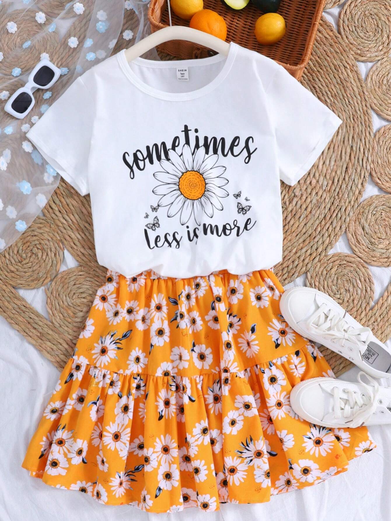 Teen Girl White & Yellow Daisy Printed Loose T-Shirt And Skirt Vacation Casual Outfit 2pcs/Set