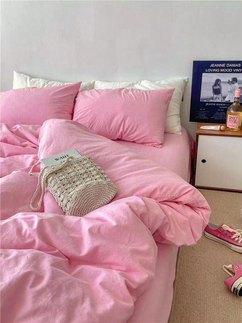 3pcs Minimal Floral Sakura Pink Cotton Bedding Set, 2 Pillow Cases   1 Duvet Cover (No Flat Sheet)