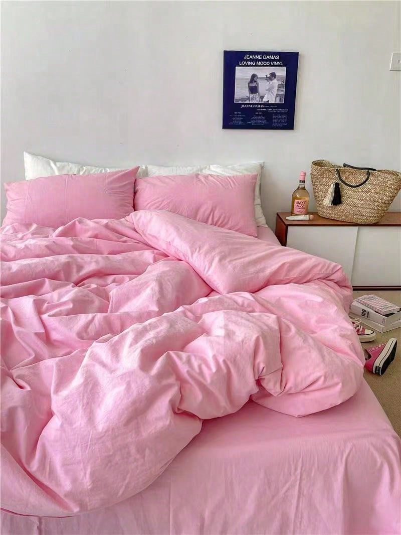 3pcs Minimal Floral Sakura Pink Cotton Bedding Set, 2 Pillow Cases   1 Duvet Cover (No Flat Sheet)