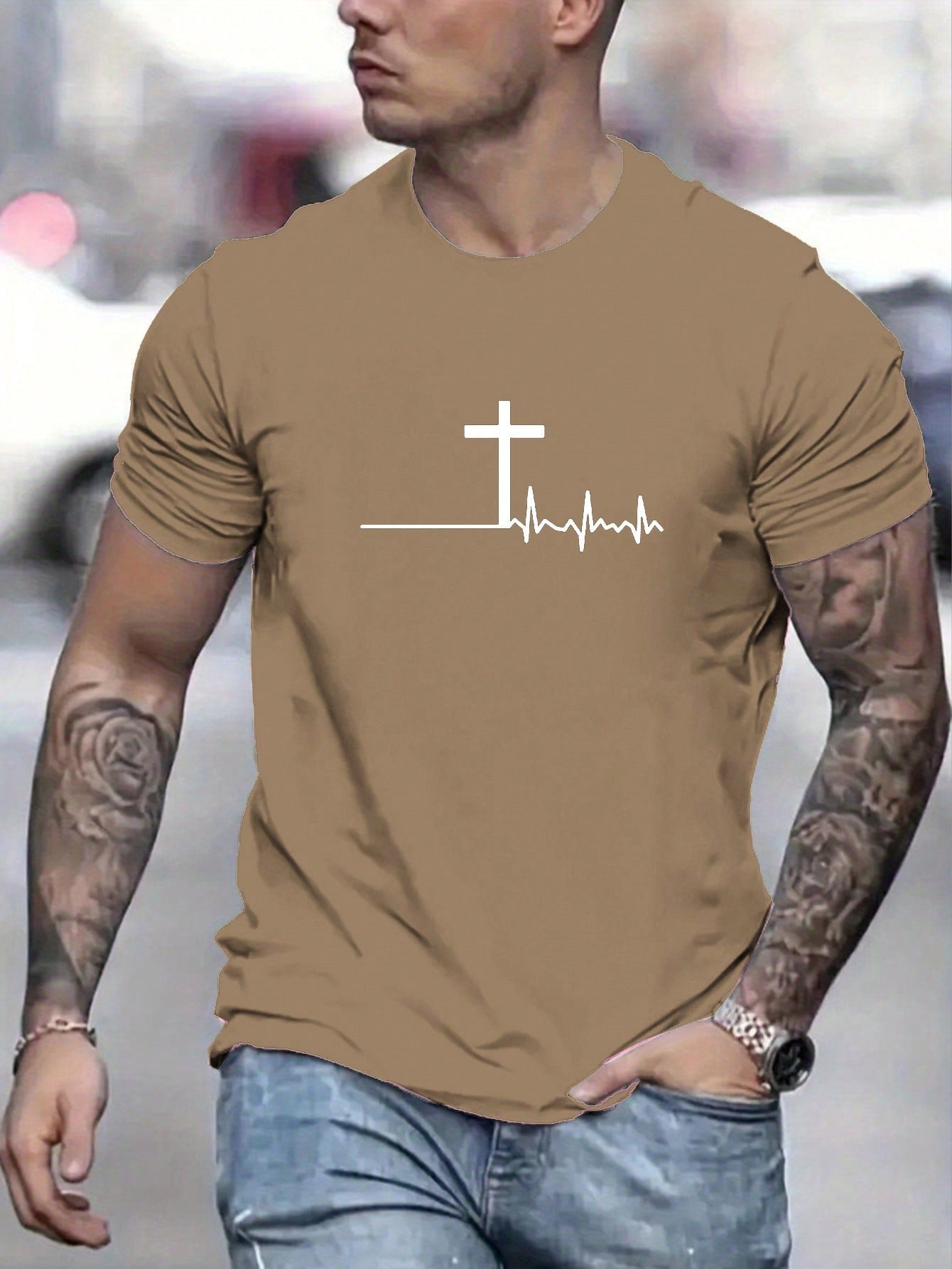 Manfinity Homme Men Summer Casual Short Sleeve T-Shirt With ECG And Cross Print