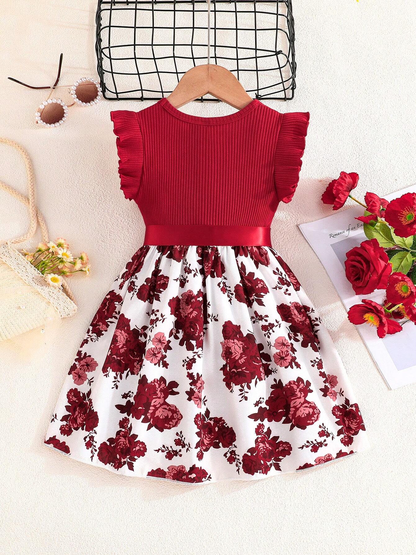 Young Girl Summer New Arrival Fashionable Dress With Ruffle Cuffs And Pocket Design, Featuring Floral Print And Striped Patchwork Details