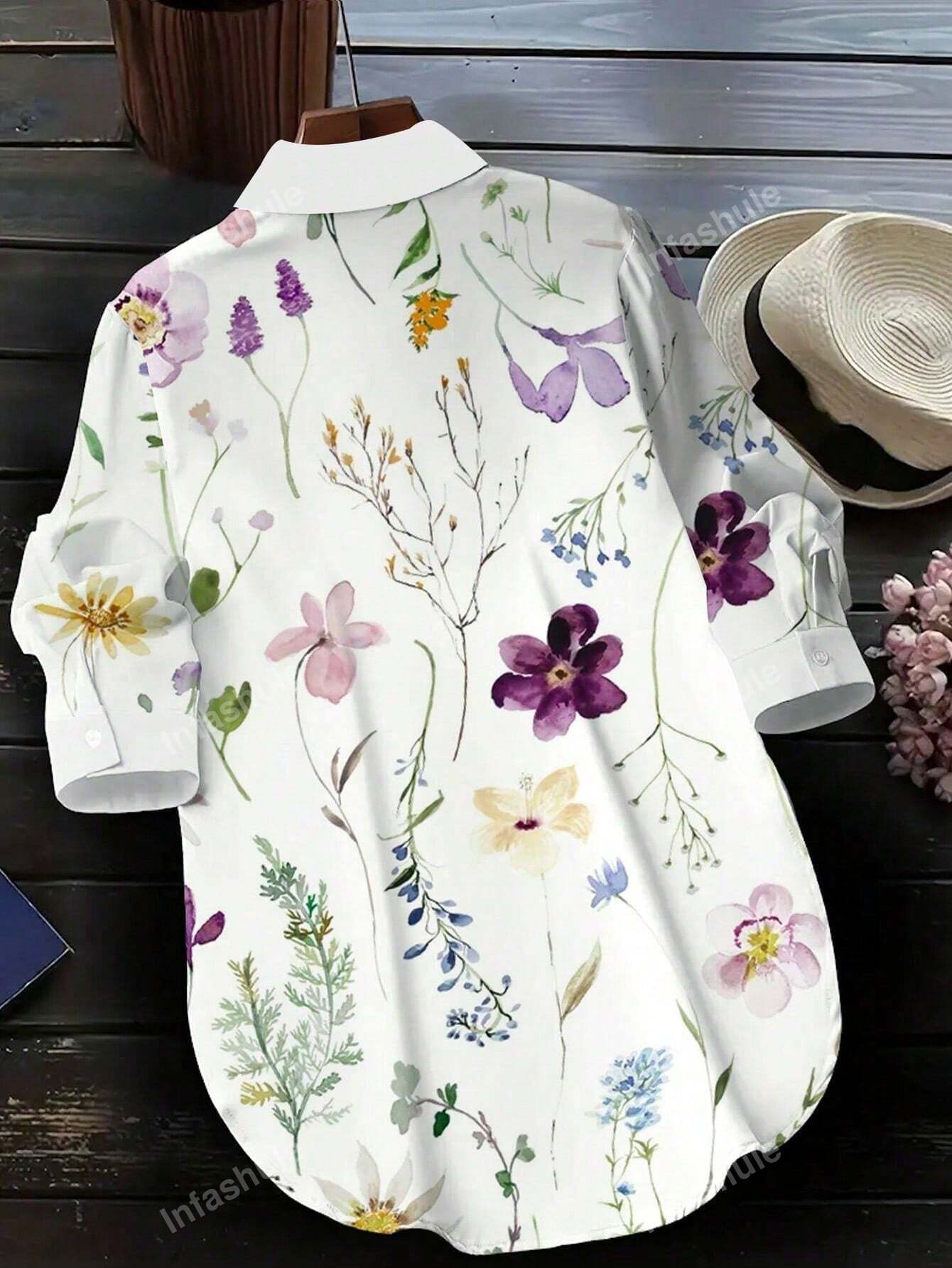 Women's Fashionable Casual Printed Long Sleeve Turn-Down Collar Loose Skin-Friendly Shirt