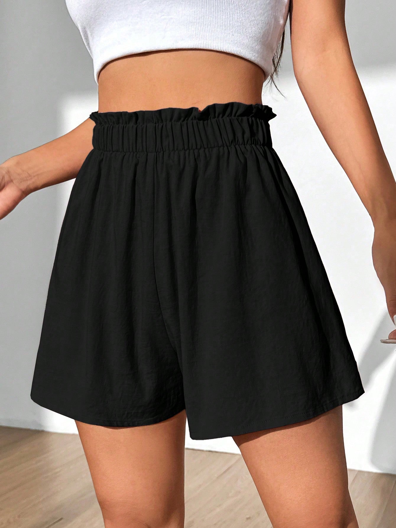 MOOSTA Summer Casual Loose Fit Solid Color Ruffled Waist Shorts