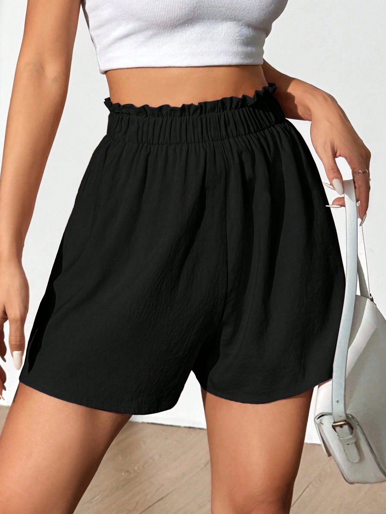 MOOSTA Summer Casual Loose Fit Solid Color Ruffled Waist Shorts