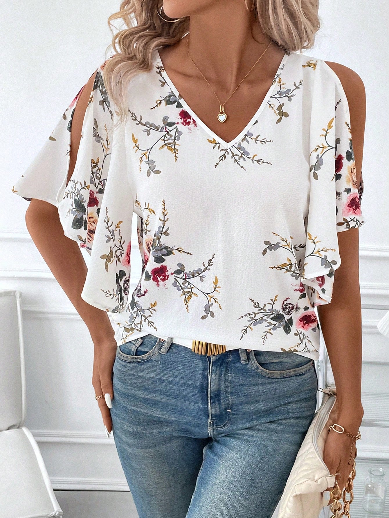 Clasi Floral Printed Women's Top With V Neckline, Ruffled Sleeves, And Side Slits