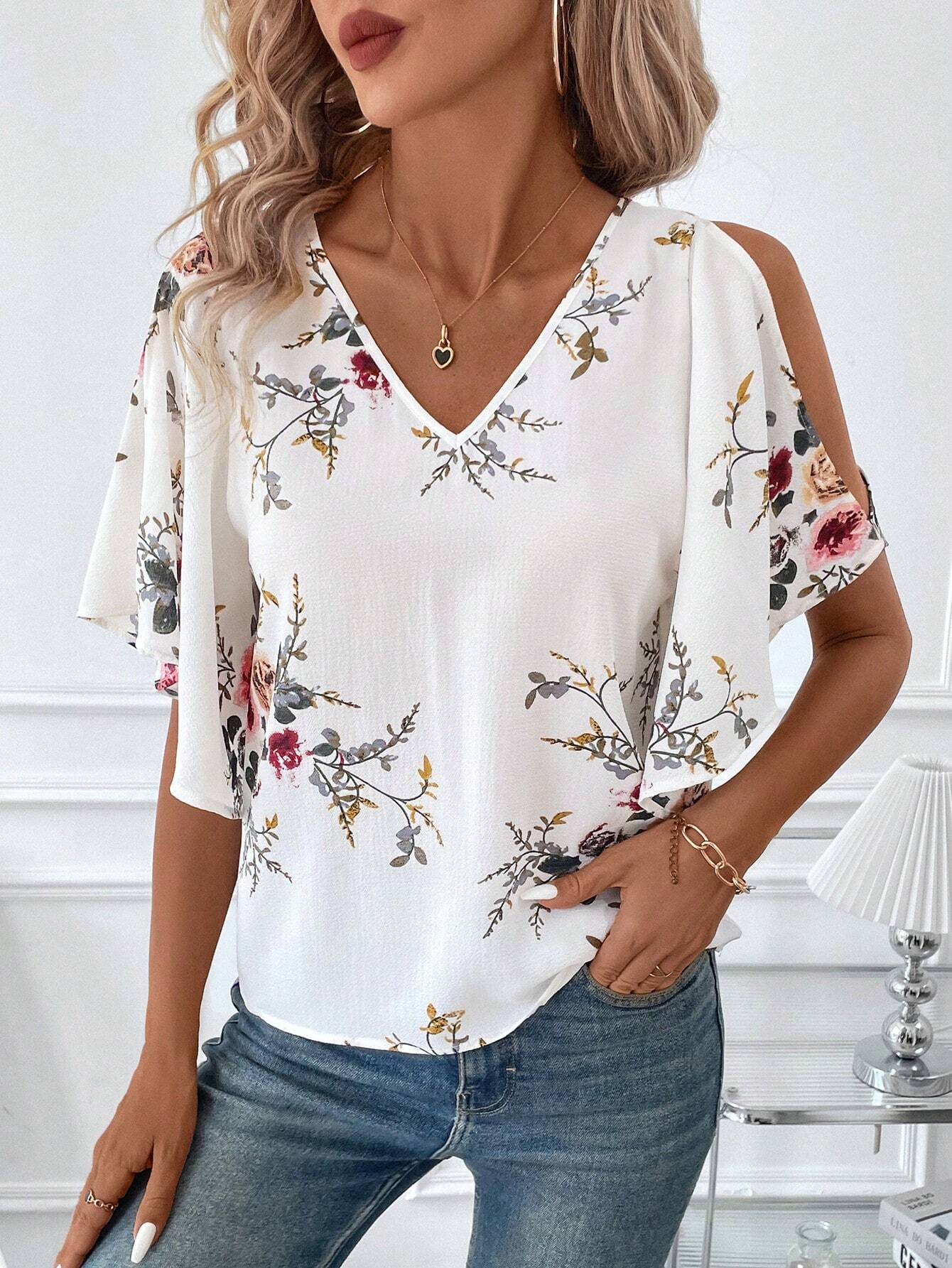 Clasi Women V-Neck Bat Wing Sleeve Allover Print Loose Comfortable Elegant Chic Blouse