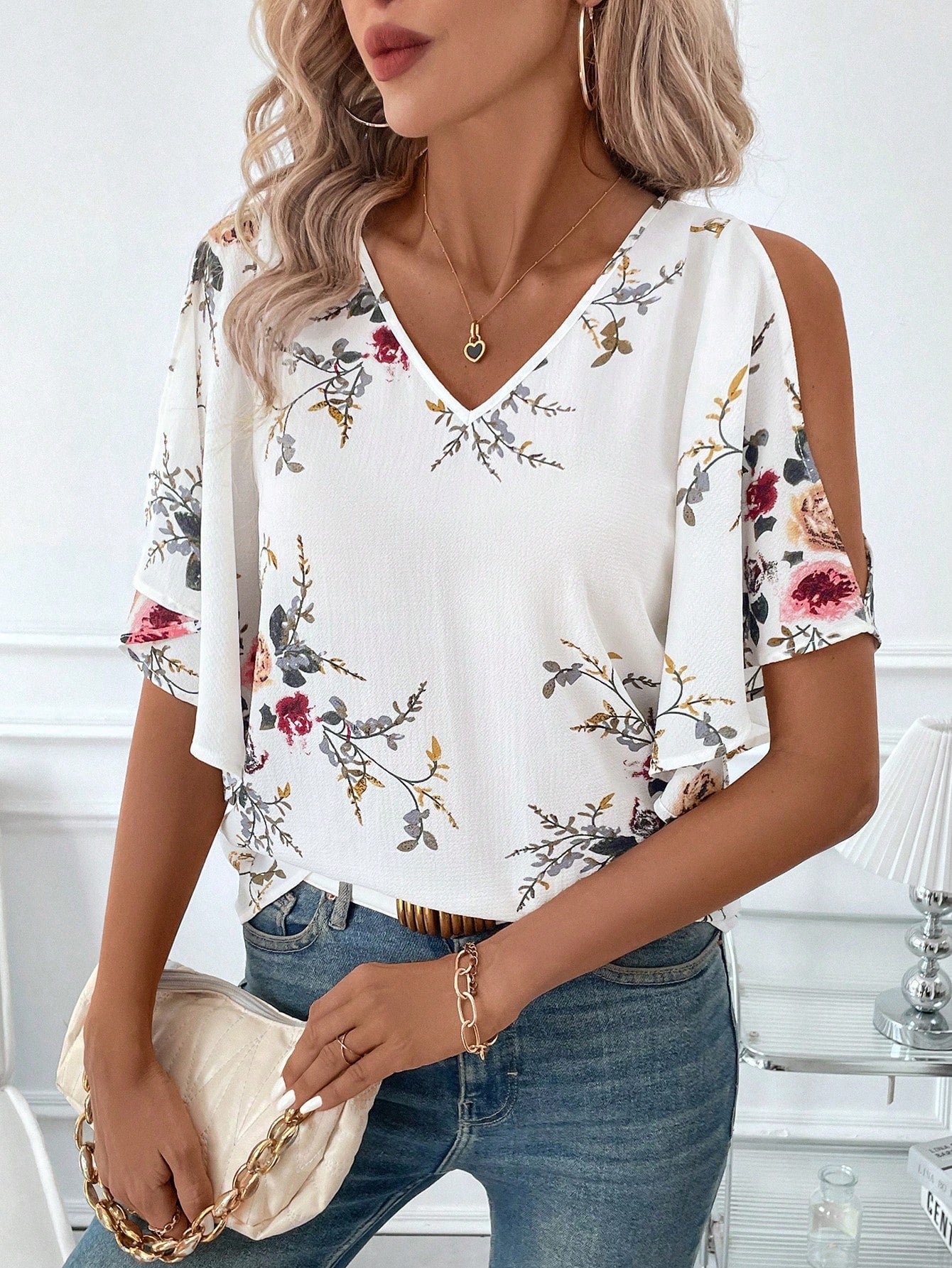 Clasi Floral Printed Women's Top With V Neckline, Ruffled Sleeves, And Side Slits