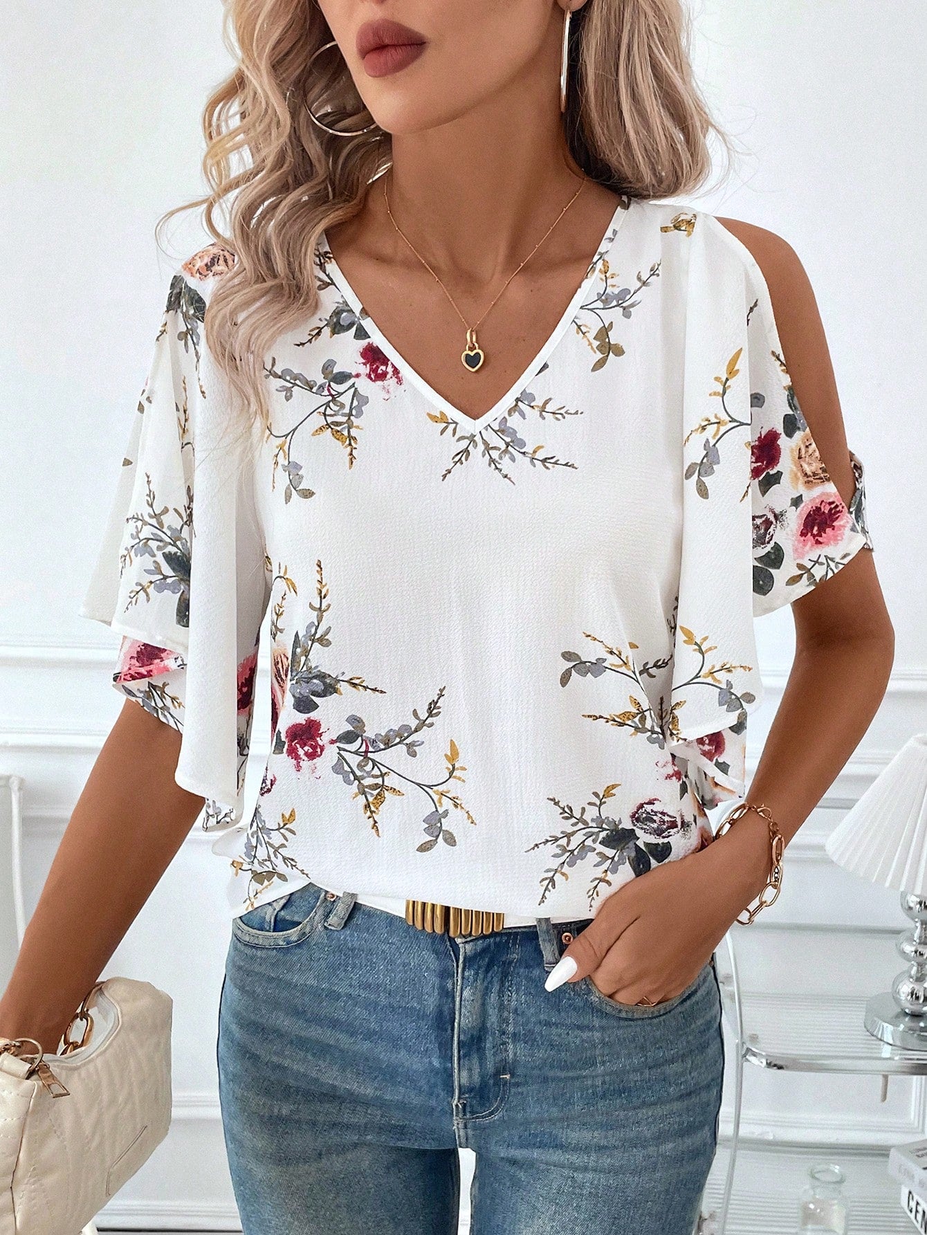 Clasi Floral Printed Women's Top With V Neckline, Ruffled Sleeves, And Side Slits