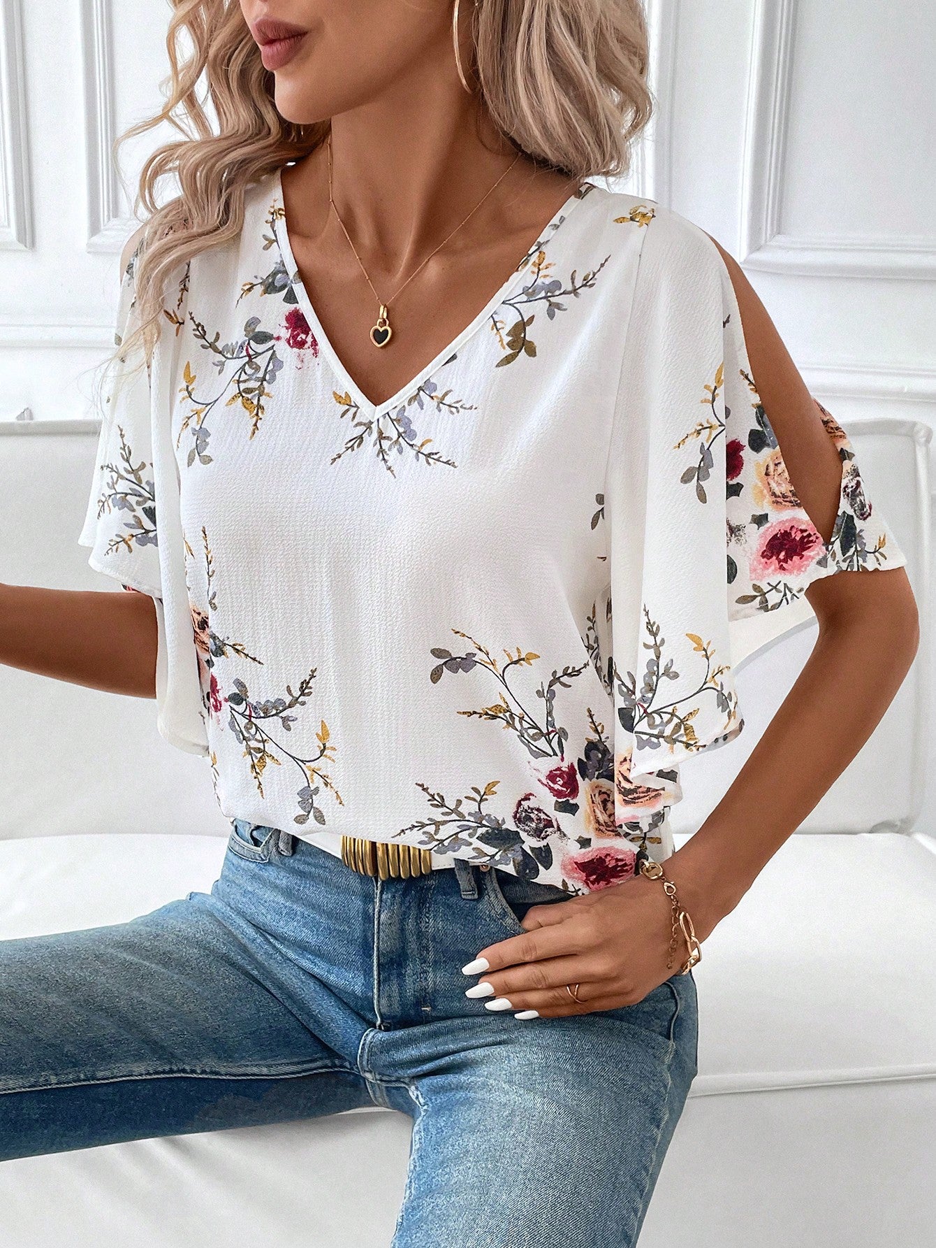 Clasi Floral Printed Women's Top With V Neckline, Ruffled Sleeves, And Side Slits