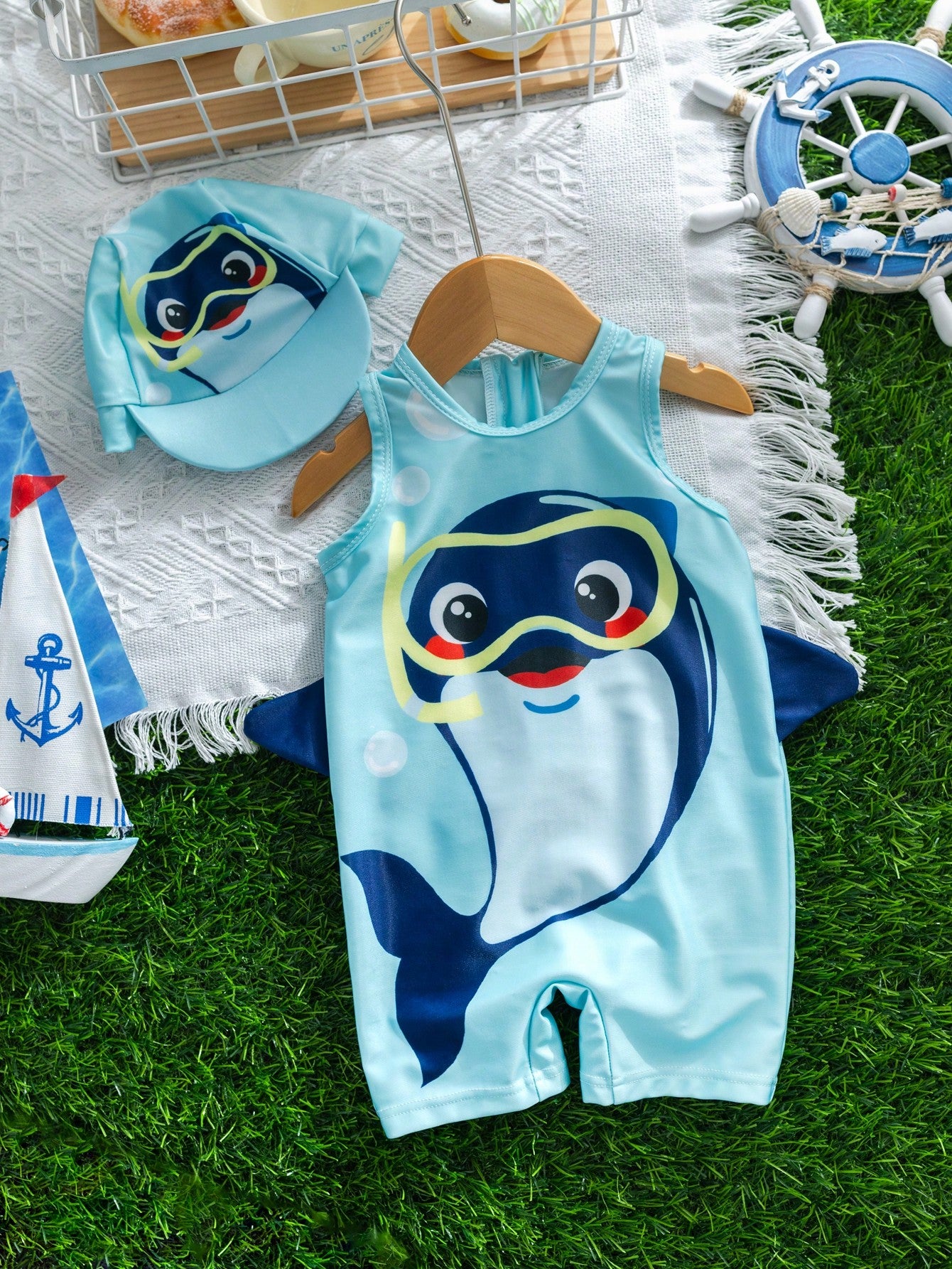 Baby Boy/Girl Blue Summer Dolphin Pattern Sleeveless Round Neck Zipper Jumpsuit Swimsuit With Cute Dolphin Printed Hat, 2pcs/Set, Suitable For Beach Swimming Vacation Water Play