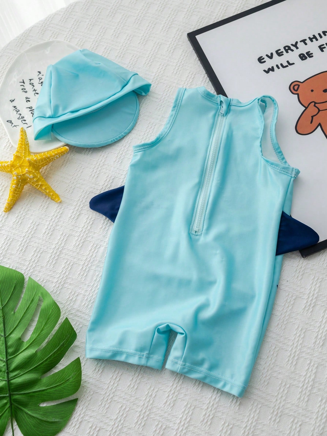 Baby Boy/Girl Blue Summer Dolphin Pattern Sleeveless Round Neck Zipper Jumpsuit Swimsuit With Cute Dolphin Printed Hat, 2pcs/Set, Suitable For Beach Swimming Vacation Water Play